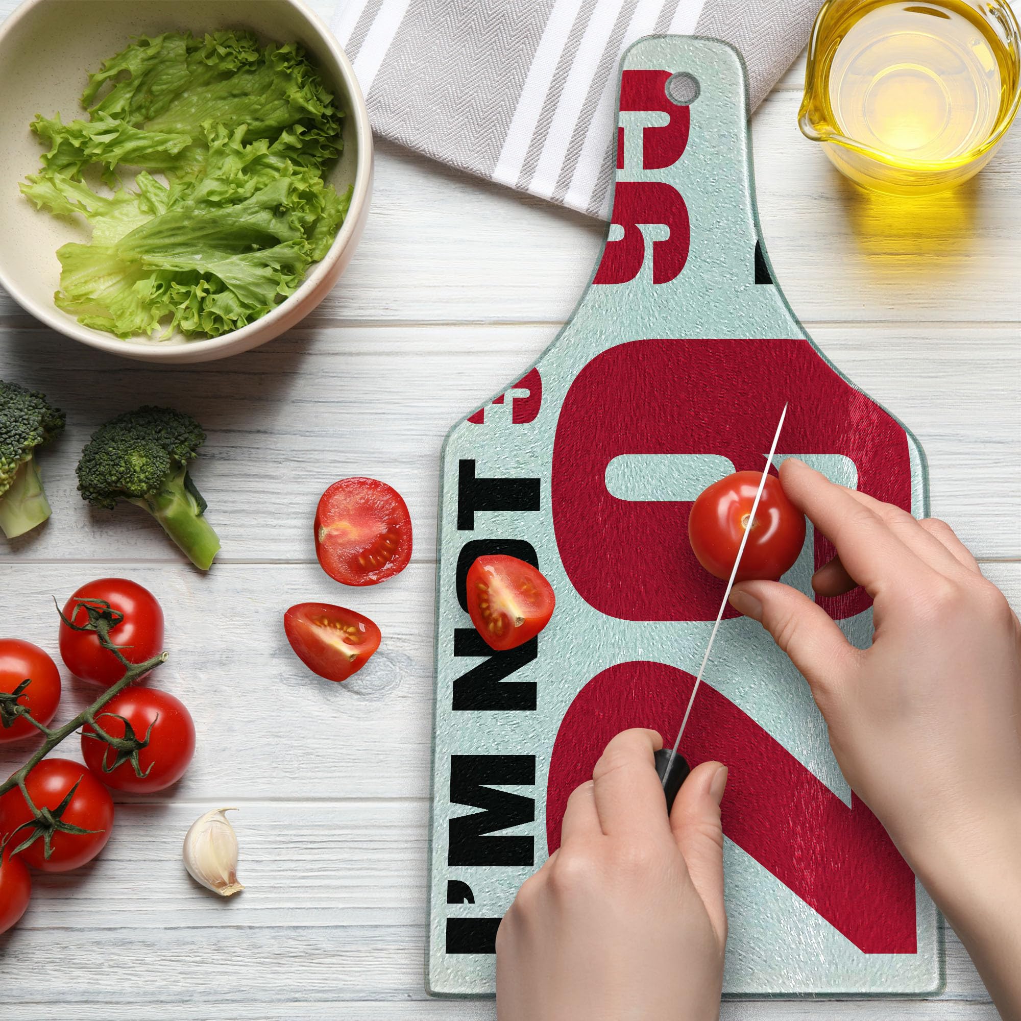 Ambesonne 30th Birthday Cutting Board - Funny 'Forever Young' Pictogram Design, Tempered Glass Serving Board in Wine Bottle Shape (Red, Black & White) - Perfect for Birthday Parties, Kitchen Decor & Gift Giving