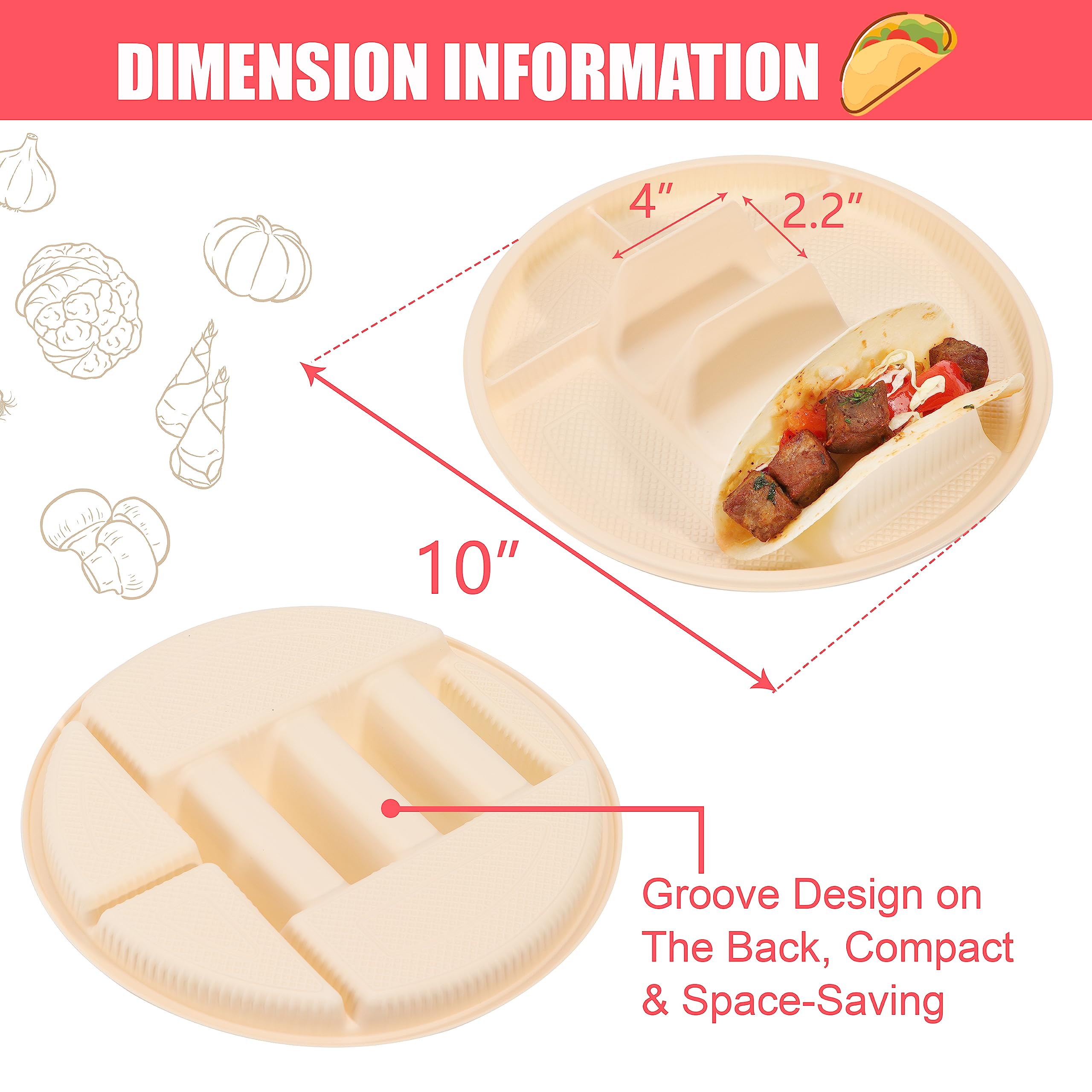 60 Pack Biodegradable Cornstarch Taco Plates with Dipping Compartments - Eco-Friendly Disposable Taco Holders for Parties, Fits 6-8 Inch Tortillas, Microwave Safe - Perfect for Taco Tuesday, Cinco de Mayo & Mexican-Themed Parties