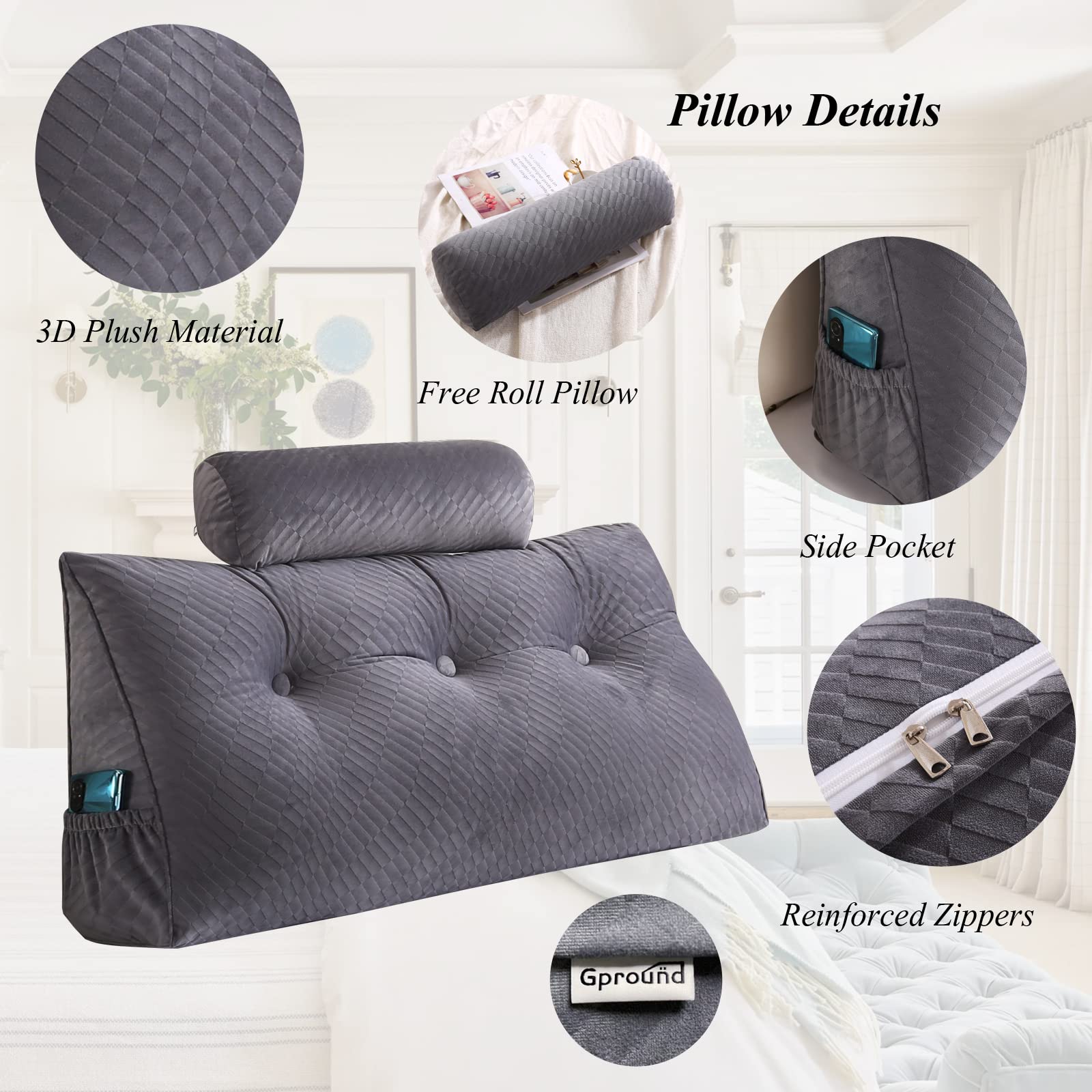 **Wedge Headboard Pillows with Head Roll - Large Bolster Bed Wedge Pillow for Back Support, Reading & Sitting in Bed - Perfect for Bed Rest, Relaxation & Comfort**