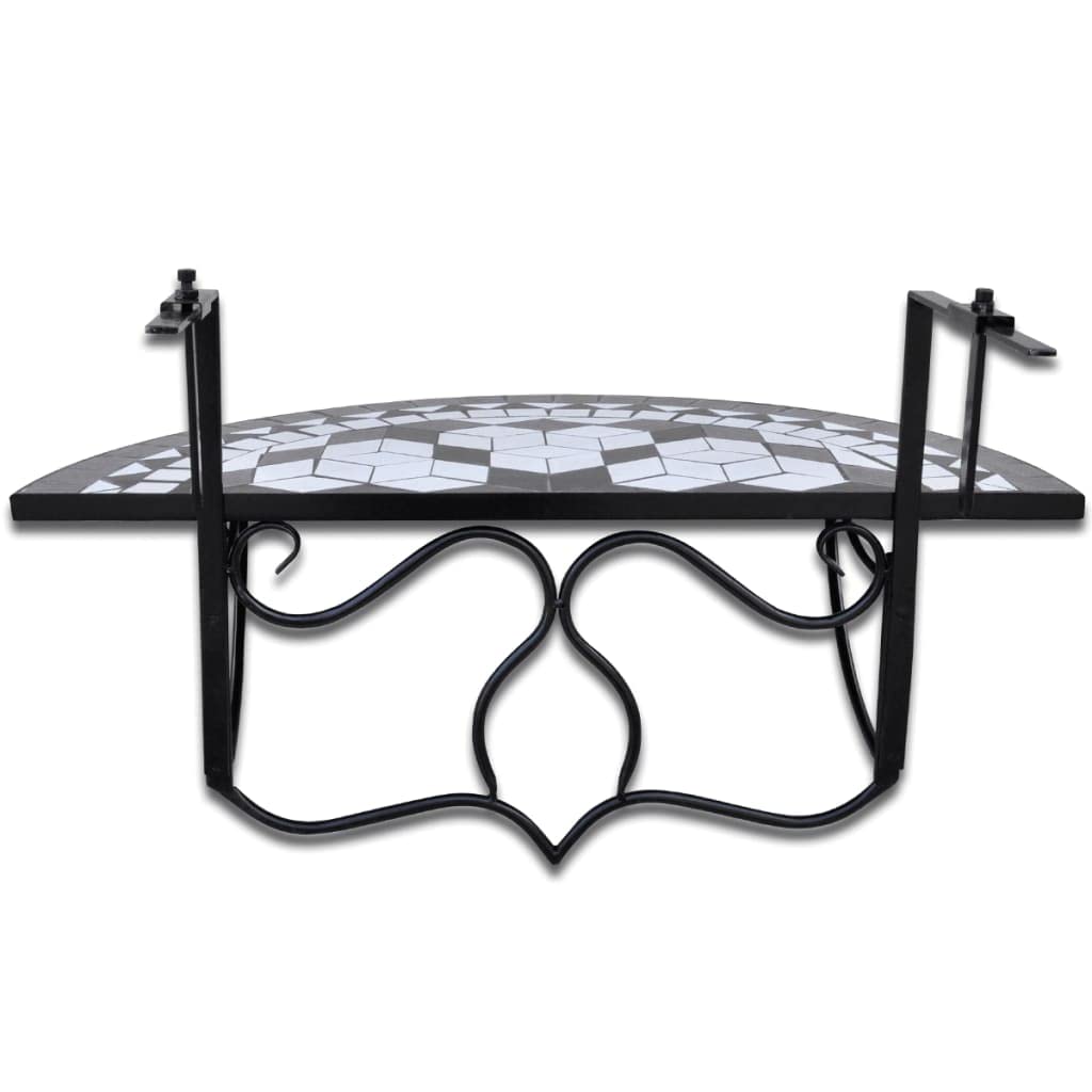 Adjustable Hanging Balcony Table for Outdoor & Indoor Use - Patio, Garden, Deck Railing Table with Wicker Finish in Black & White Mosaic - Perfect for Small Space Dining, Coffee Break, and Relaxing Outdoors