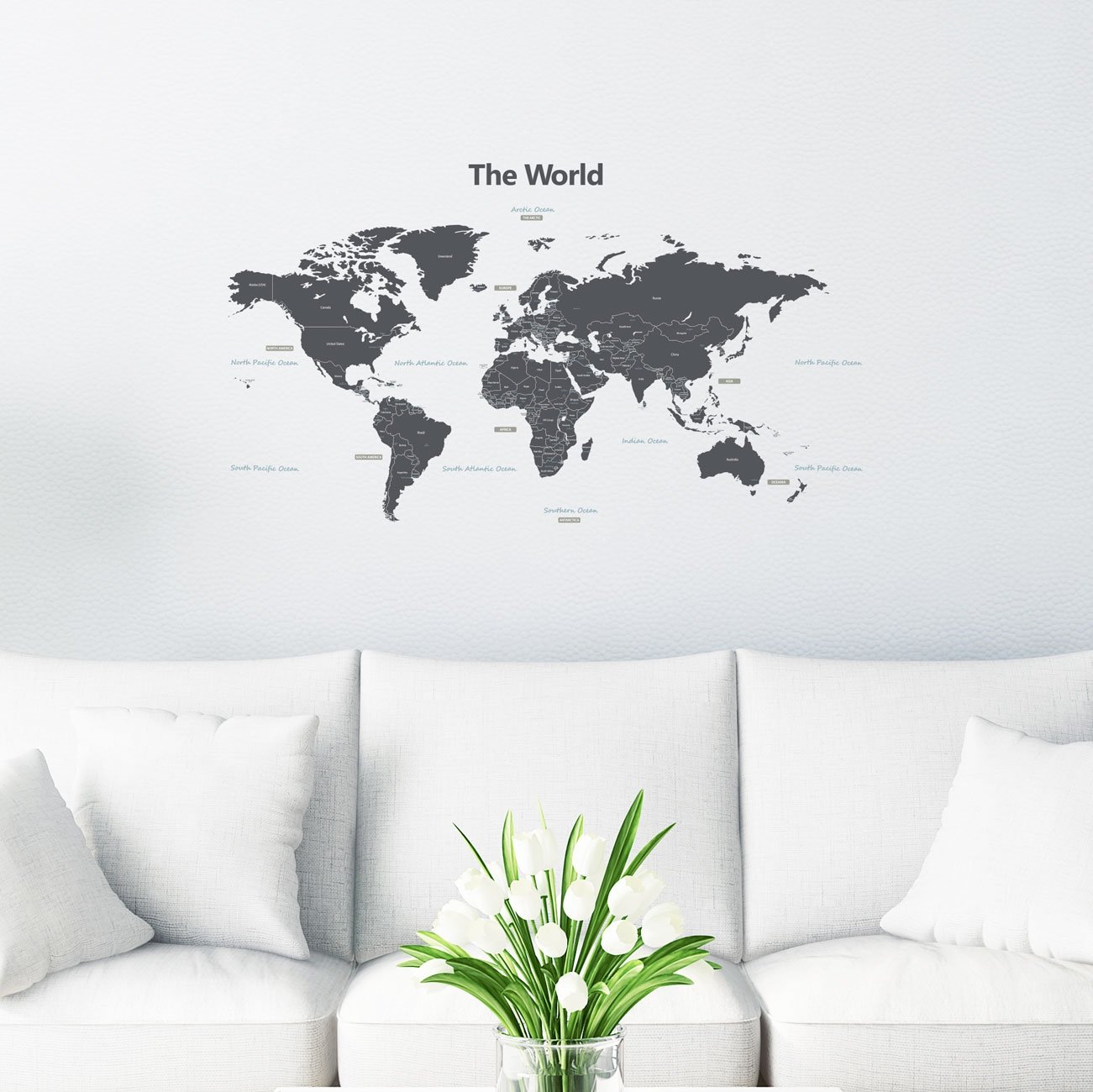 DECOWALL DWL-1609GS Modern Grey World Map Wall Stickers - Peel & Stick Removable Wall Decals for Kids Room, Nursery, Bedroom & Living Room Decor - Perfect for Educational Playrooms & Travel-Themed Spaces (Medium Size)