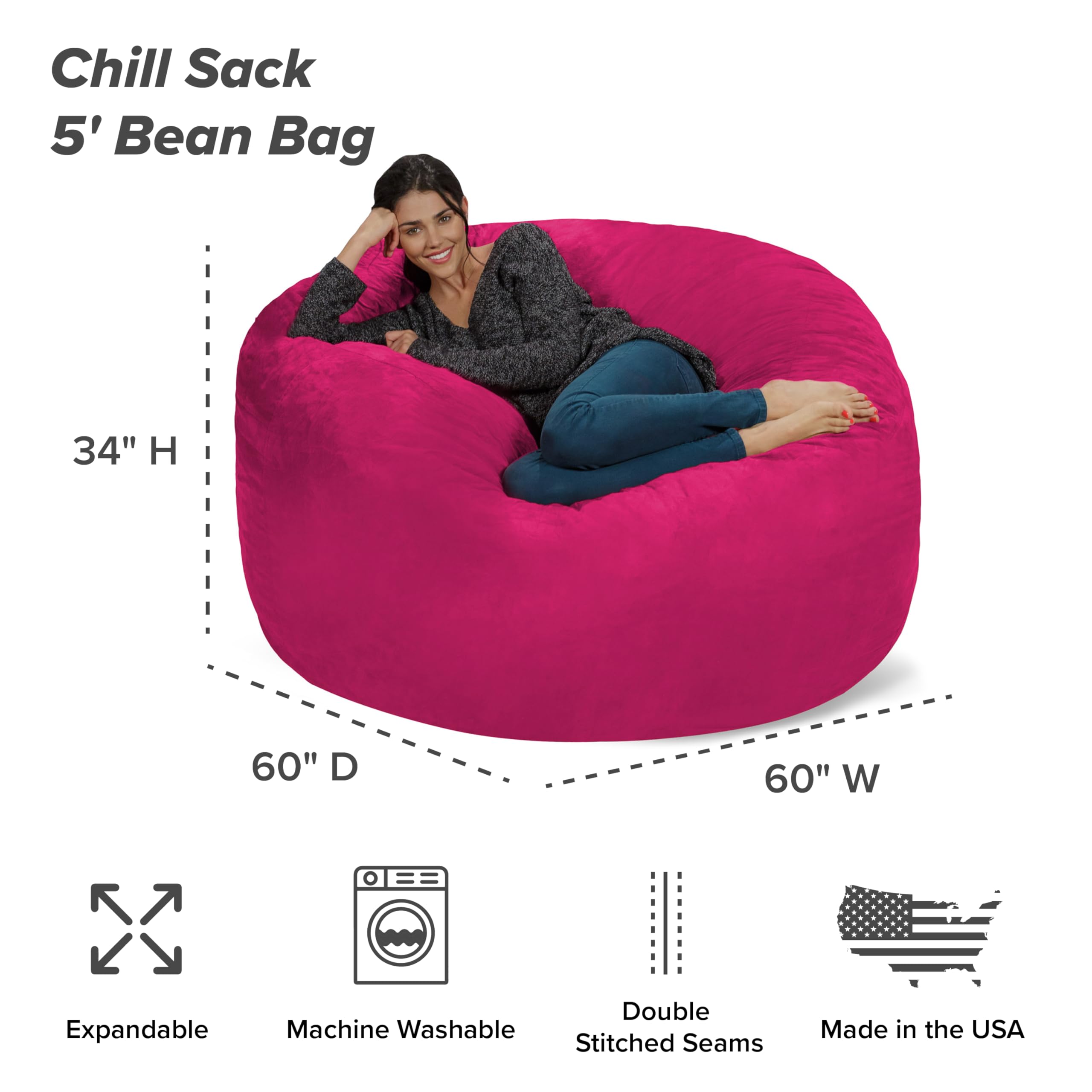 Chill Sack Bean Bag Chair: Giant 5-Foot Memory Foam Sofa Replacement with Ultra-Soft Microfiber Cover in Magenta - Perfect for Living Rooms, Game Rooms & Dorm Lounging