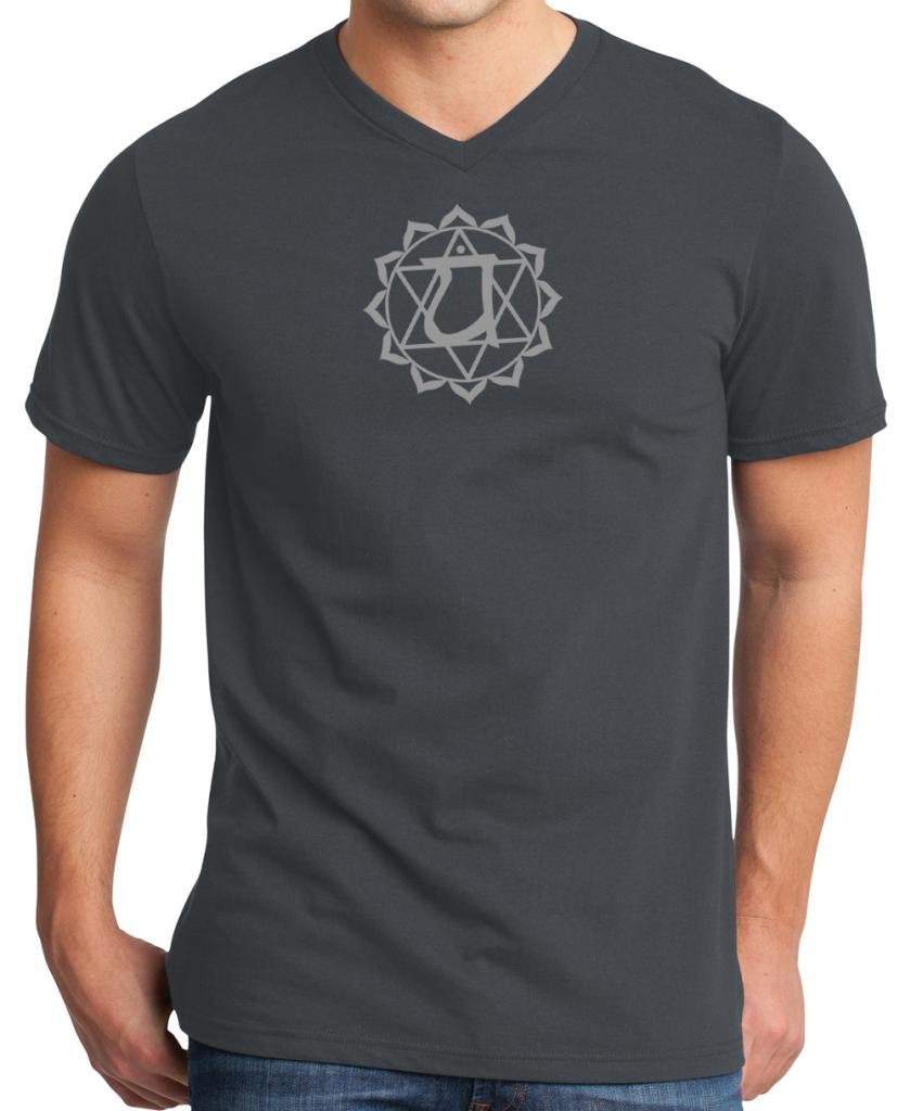 Anahata Chakra Symbol Yoga T-Shirt for Men - Comfortable V-Neck Charcoal Tee for Meditation & Workout | Perfect for Yoga, Gym & Spiritual Practice