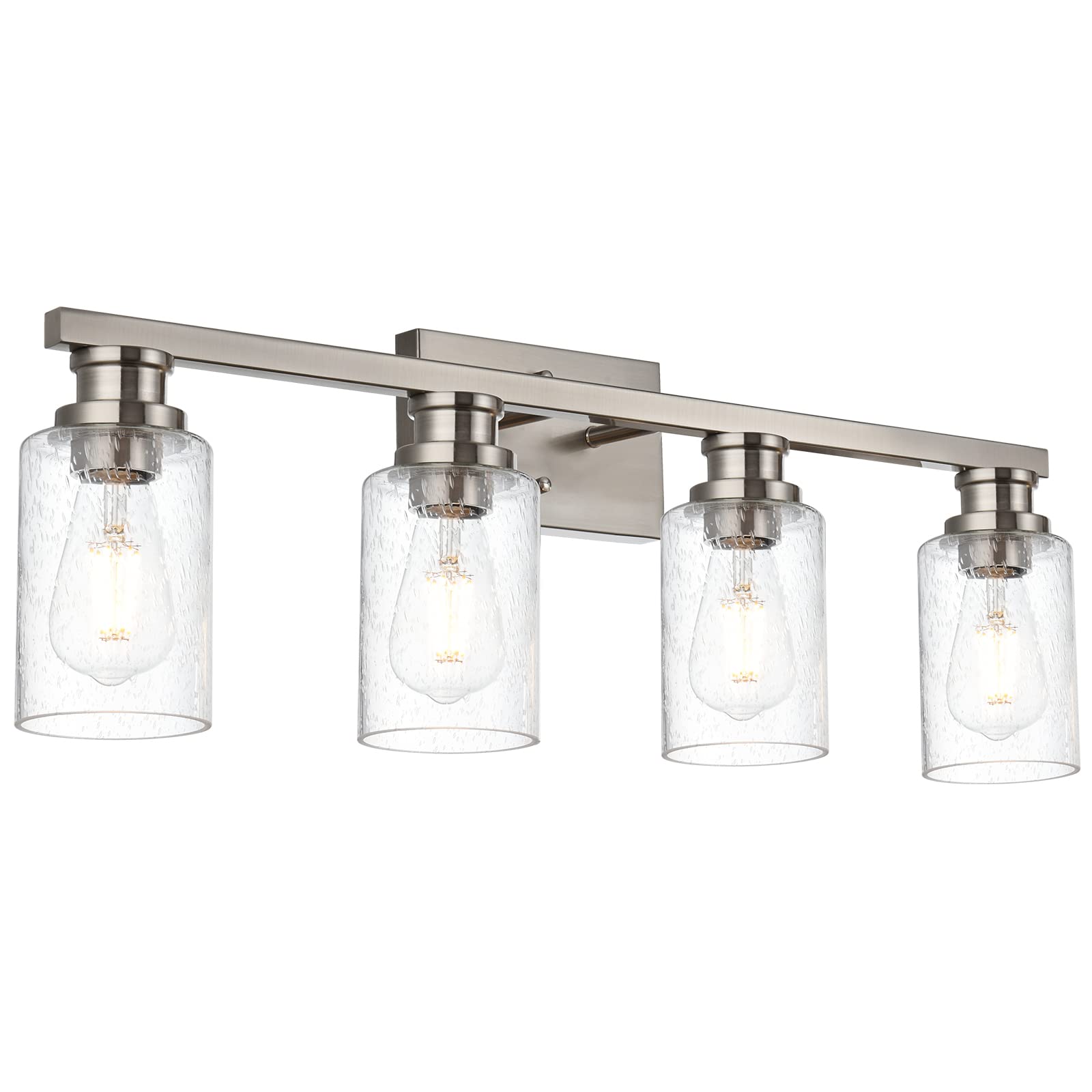 VINLUZ 4-Light Brushed Nickel Vanity Light Fixture - Industrial Bathroom Wall Sconce with Seeded Glass Shade for Mirror, Dressing Table, Porch & Bedroom Lighting - Perfect for Modern Home Decor
