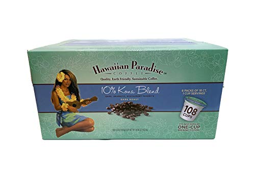 Hawaiian Paradise Coffee 10% Kona Roast Single Serve Pods - 108 Count Loose K-Cups - Dark Roast - Compatible with Keurig K-Cup Brewers - Perfect for Home, Office & Travel Coffee Lovers