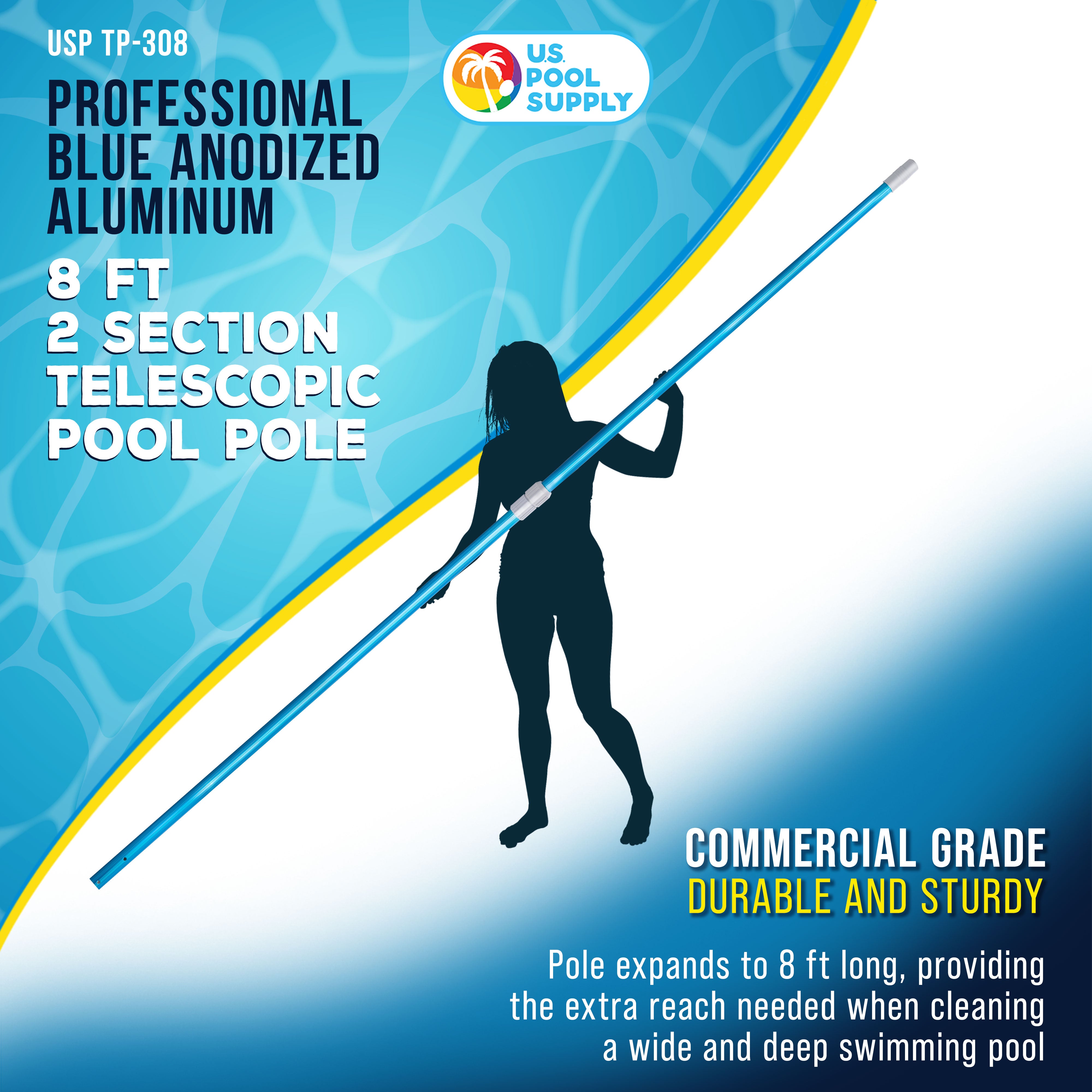 8ft Blue Anodized Aluminum Telescopic Pool Pole - Adjustable 2-Piece Swimming Pool Cleaning Tool for Skimmer Nets | Professional Grade, Durable & Lightweight | Perfect for Inground & Above Ground Pool Maintenance
