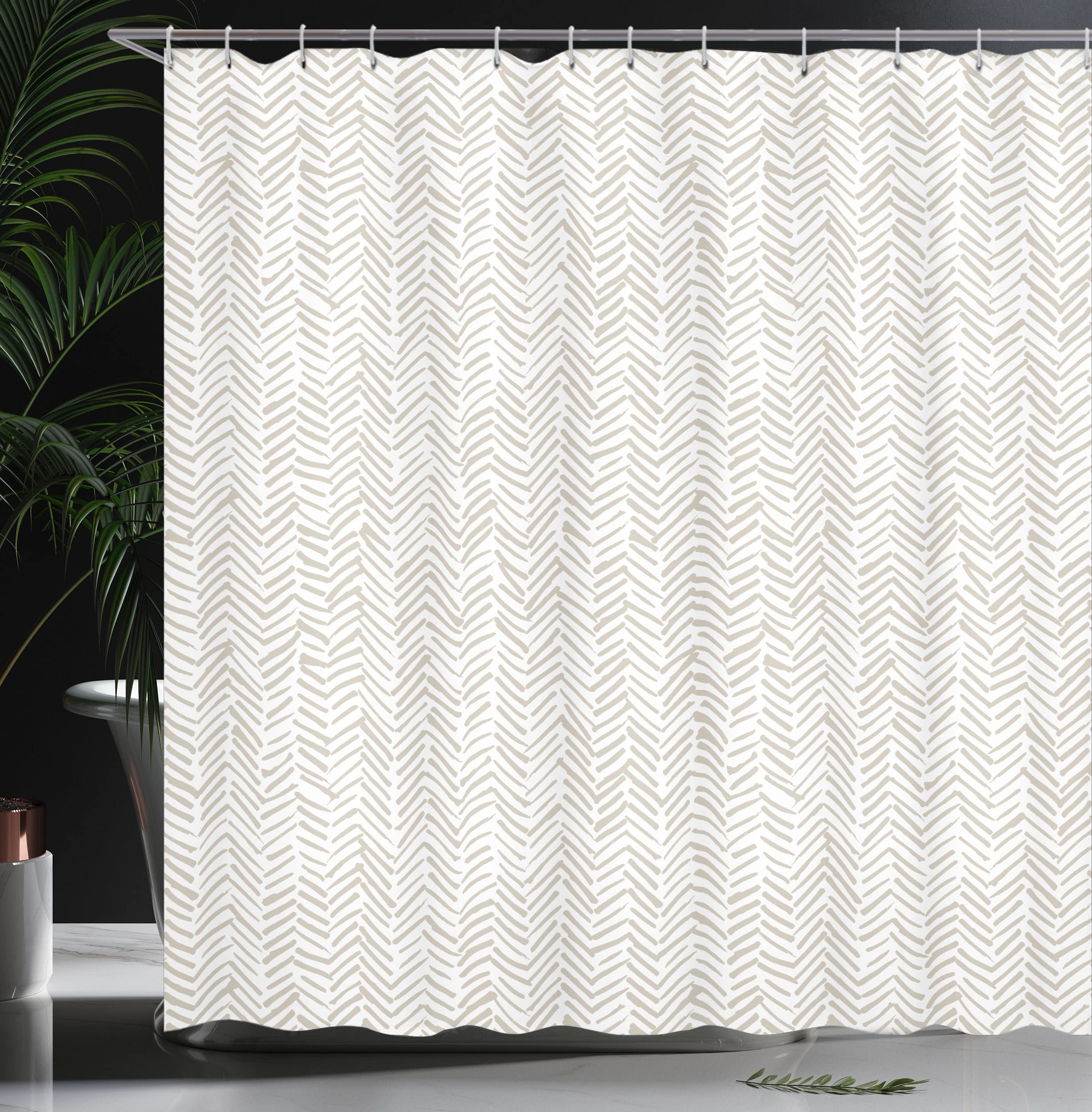 Lunarable Chevron Shower Curtain - Hand Drawn Monochrome Herringbone Abstract Design, 69x70 Inch Waterproof Fabric Bathroom Decor with Hooks, Beige & White - Perfect for Modern Bathrooms, Guest Baths & Spa-Style Retreats