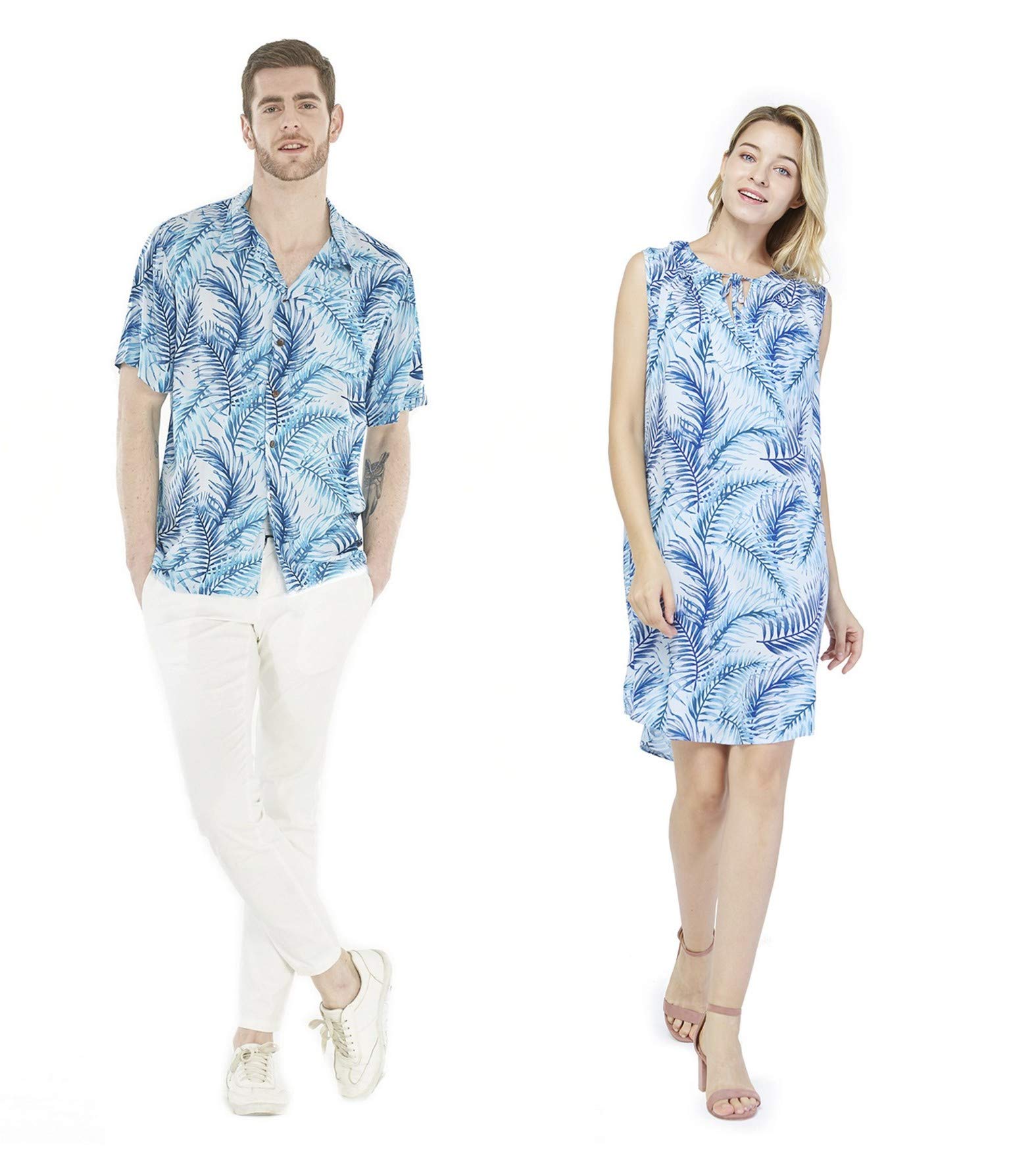 Couple Matching Hawaiian Luau Shirt & Tunic Dress - Simply Blue Leaf Print - Tropical Vacation Outfits for Beach Parties & Summer Getaways