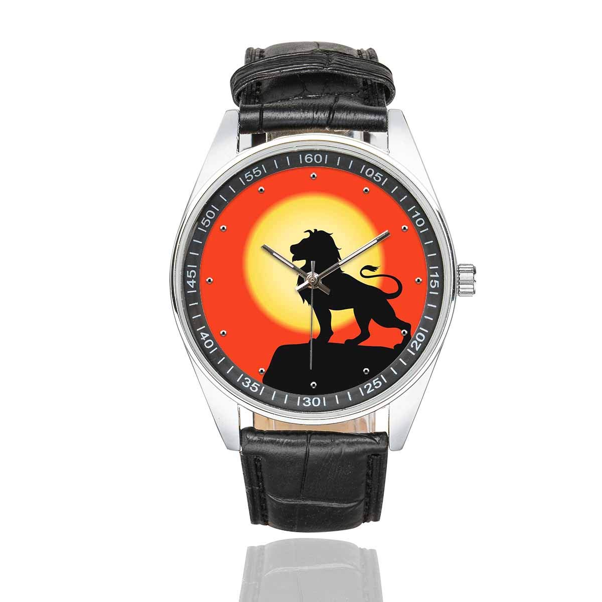 INTERESTPRINT Men's Waterproof Watch with Lion on Rock Design - Black Leather Strap Analog Wristwatch for Outdoor, Sports & Casual Wear