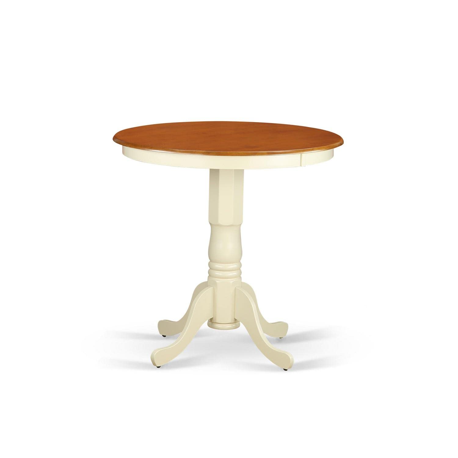 East West Furniture 5-Piece Counter Height Dining Set - 36x36 Inch Round Wooden Table with Pedestal Base & 4 Linen Fabric Chairs in Buttermilk & Cherry - Perfect for Small Kitchens, Breakfast Nooks, and Modern Dining Spaces