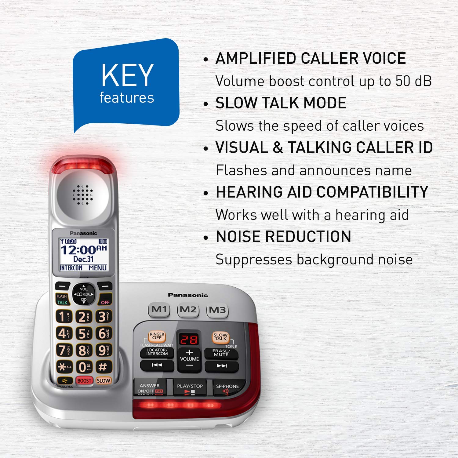 Panasonic KX-TGM490CS Silver Amplified Cordless Phone with Answering Machine, Call Blocking & Talking Caller ID - 1 Handset - Ideal for Home, Office & Elderly Users with Hearing Needs