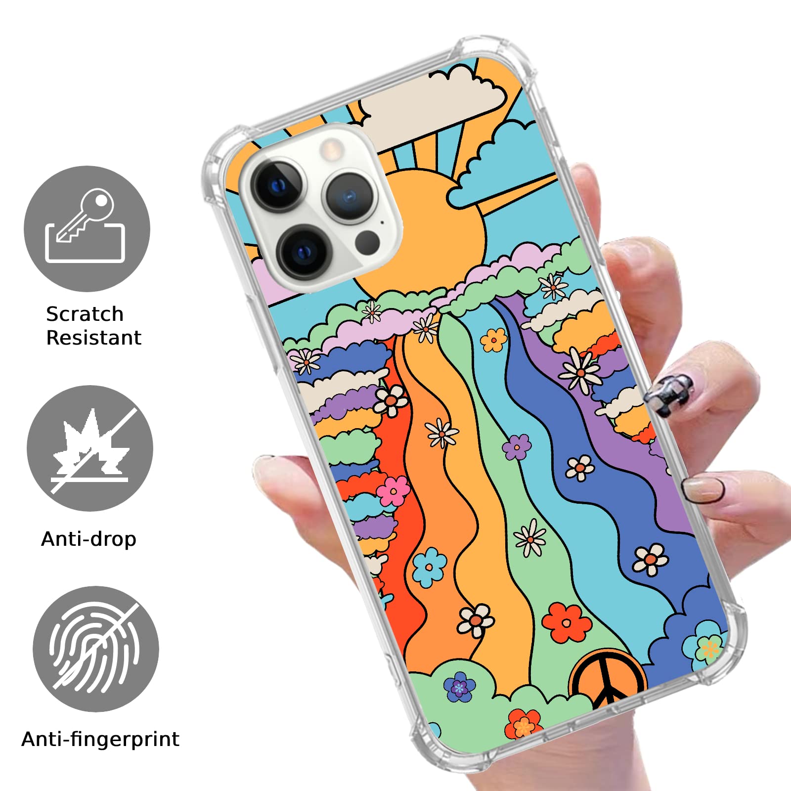 Vintage Hippie Flower Rainbow Sunshine Cloud Phone Case for iPhone 12 Pro Max - Retro Groovy Psychedelic TPU Bumper Cover, Shockproof & Anti-Scratch Protection - Perfect for Music Festivals, Beach Trips & Boho Style Lovers