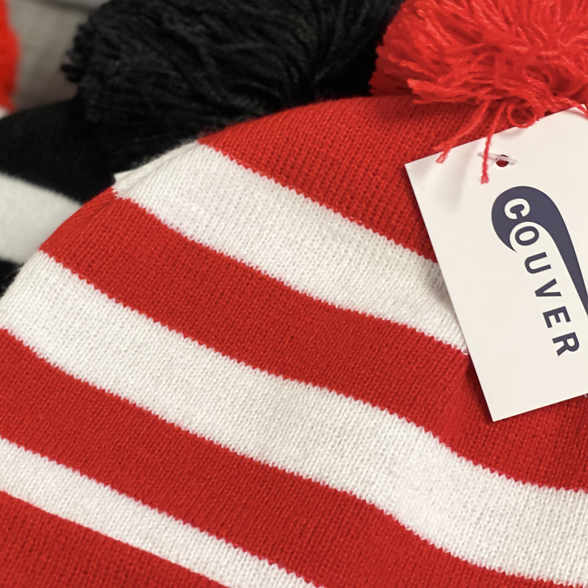 COUVER Unisex Red and White Beanie Hat with Removable Pom Pom - Warm Winter Knit Hat for Men & Women - Perfect for Christmas Costumes, Skiing & Cold Weather Outfits