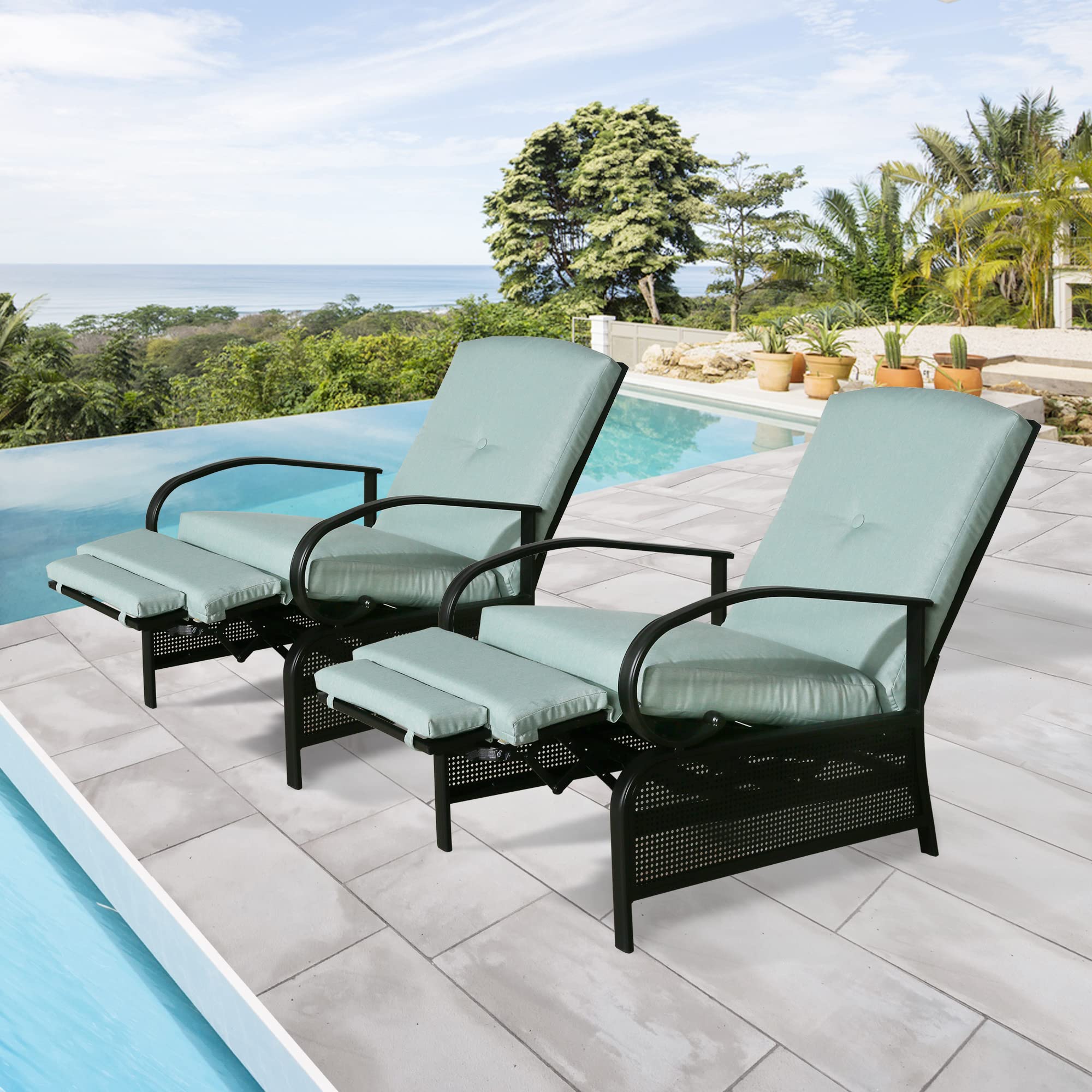 Ulax Adjustable Patio Recliner Chair Set of 2 - Outdoor Metal Reclining Lounge Chairs with Thick Cushions for Backyard, Poolside & Garden Relaxation