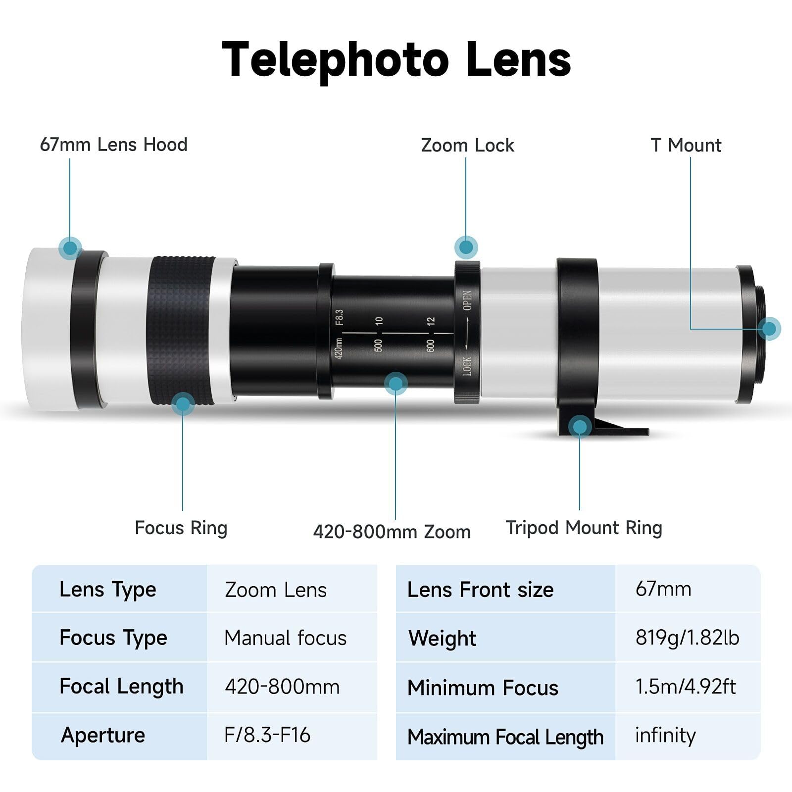 JINTU 420-800mm f/8.3 Telephoto Lens for Canon EF Mount - Compatible with T7i, T6, T6i, T6s, T7, T8i, T3i, T4i, T5, T5i, SL2, SL1, 4000D, 2000D, 80D, 90D, 5D III, 6D, 7D II, 60D, 70D, 250D, 750D, 760D, 1200D, 1300D, 2000D - Perfect for Wildlife, Sports, and Long-Distance Photography
