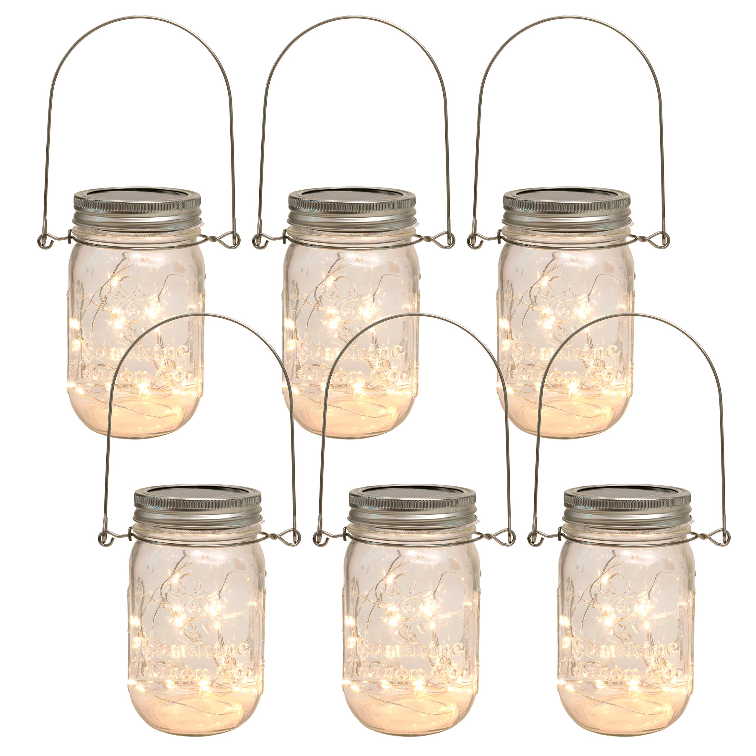 6 Pack Mason Jars with Solar Powered Fairy Lights & Hanging Handles - Rustic Decor for Garden, Wedding, Party & Outdoor Lighting
