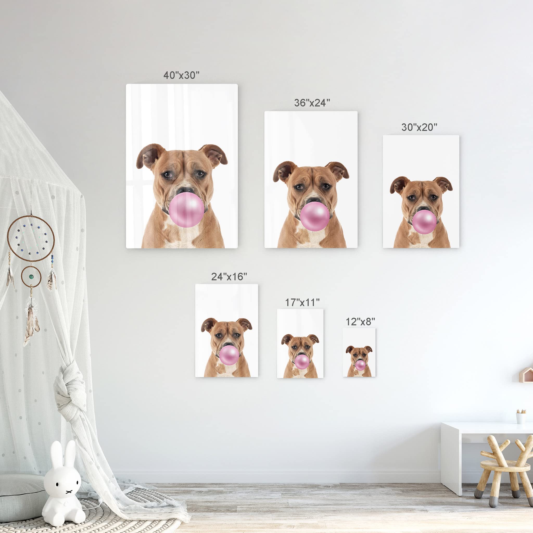 Staffordshire Bull Terrier Chewing Pink Bubble Gum Metal Wall Art Print - 36x24 - Pet Lover Gift, Dog Pop Art Decor for Office, Living Room, Bedroom, Nursery & Kids Room - Unique Animal Themed Home Decor for Dog Owners & Animal Enthusiasts