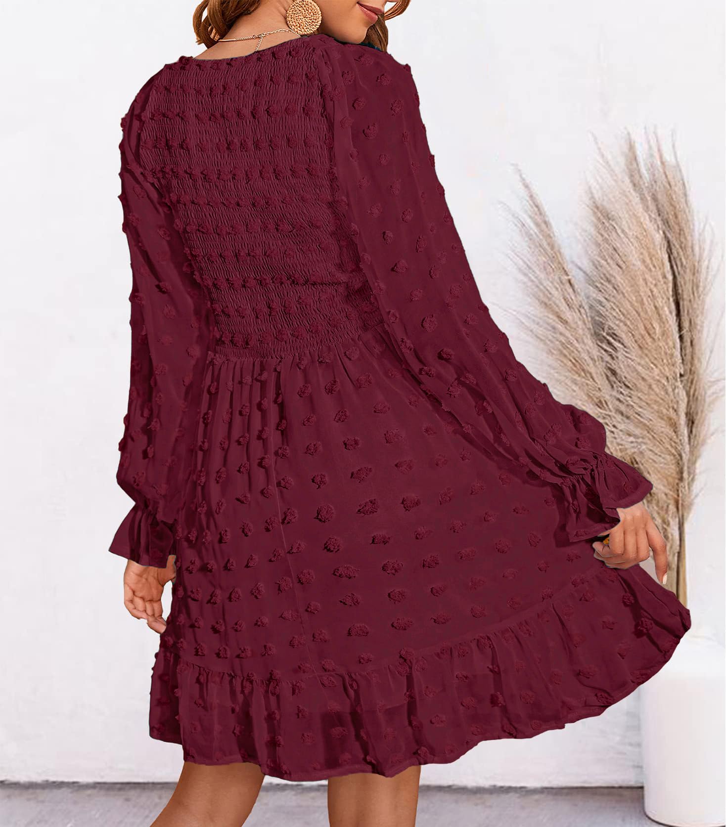 BTFBM Women's Smocked Short Dress V-Neck Long Sleeve Swiss Dot Ruffle Chiffon Flowy Mini Dress for Summer Spring 2025 | Casual Party, Beach Vacation, Date Night Outfit