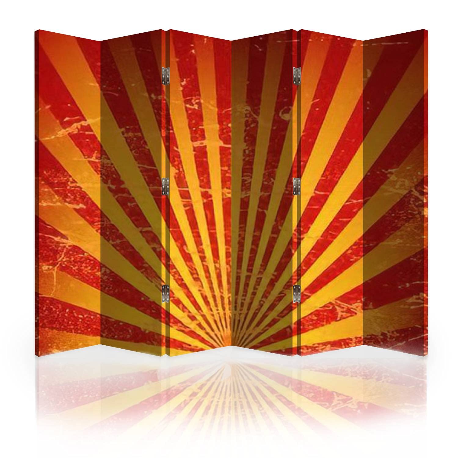 Vintage Gold Canvas Room Divider Screen - 6 Panel Folding Privacy Partition with Retro Paper Rays & Scratched Texture Design | Perfect for Home Office, Bedroom Separation & Studio Decor