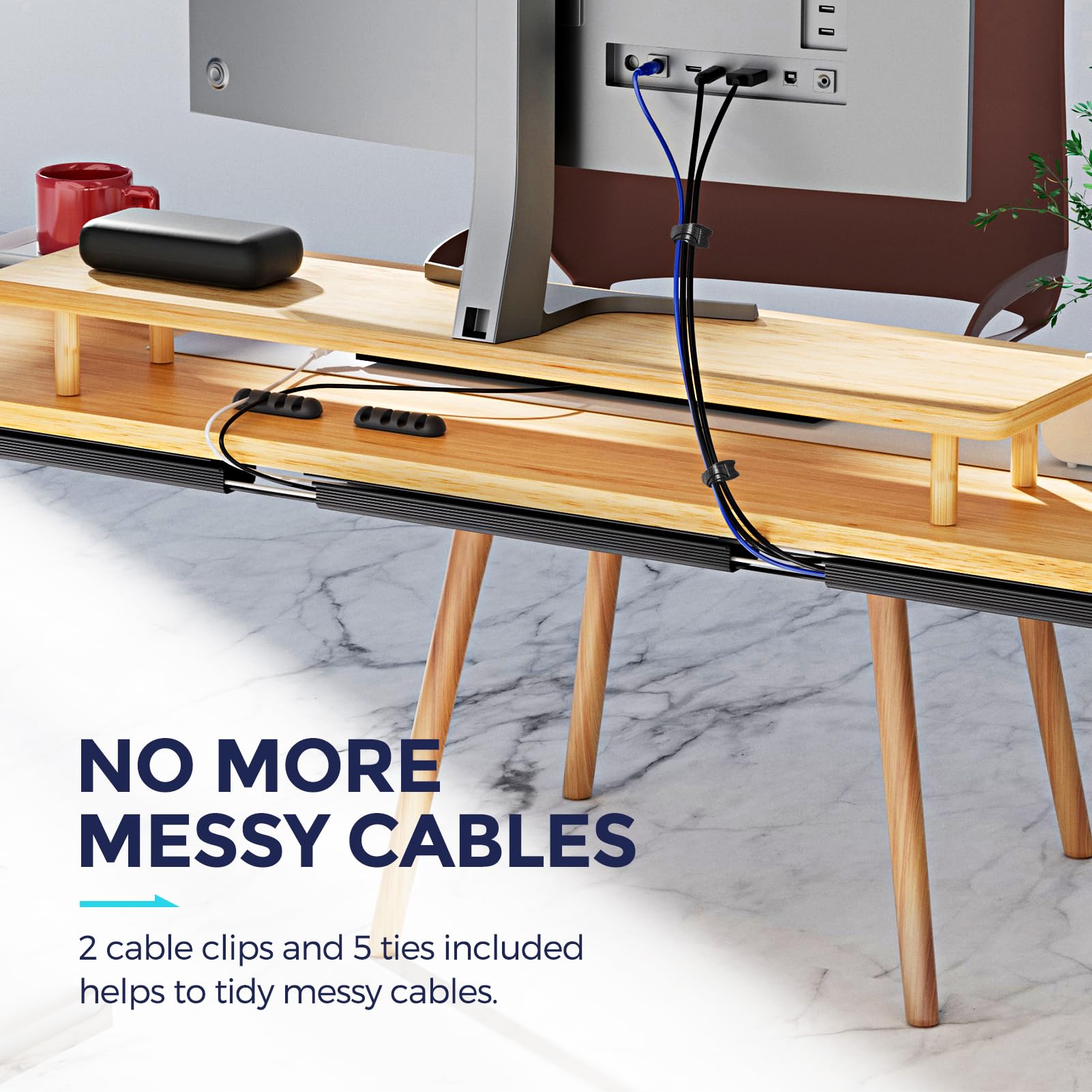 Delamu 2 Pack Cable Management Kit - Under Desk Cord Organizer for Home & Office, 15.7inX2 - Safe & Tidy Cable Solution to Protect Kids & Pets | Perfect for Computer Desks, TV Stands & Entertainment Centers
