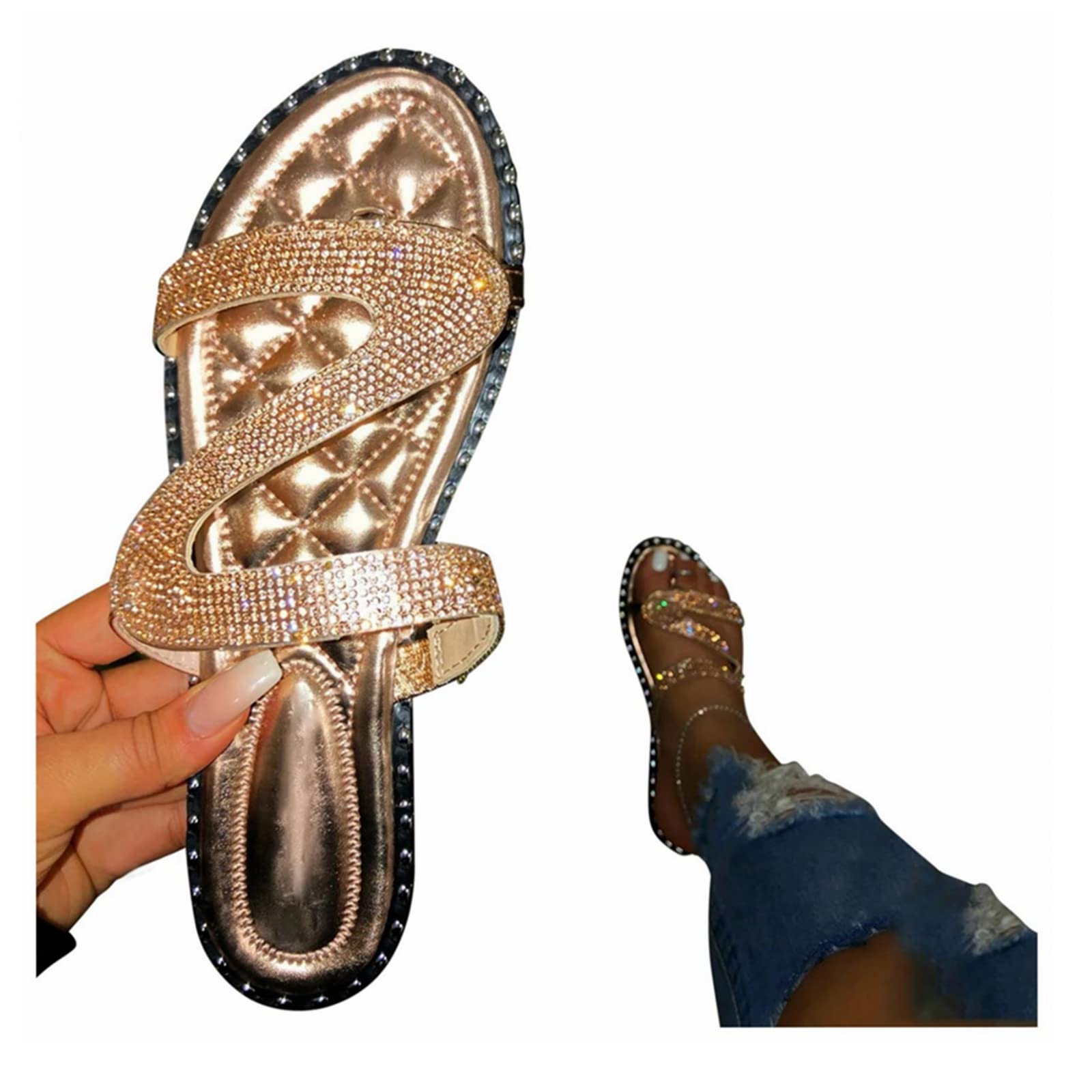 Women's Rhinestone Sandals - Fashion Open Toe Flat Glitter Slides Slip-On Shoes | Perfect for Summer, Beach, Parties & Casual Outings