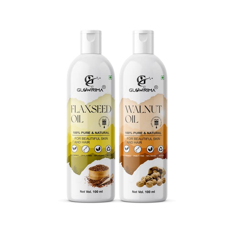 Glowrima 100% Pure Flaxseed Oil & Walnut Oil Combo (100ML Each) - Promotes Rapid Hair Growth, Reduces Hair Fall & Split Ends for Softer, Shinier Hair - Pack of 2 - Perfect for Daily Hair Care & Scalp Massage
