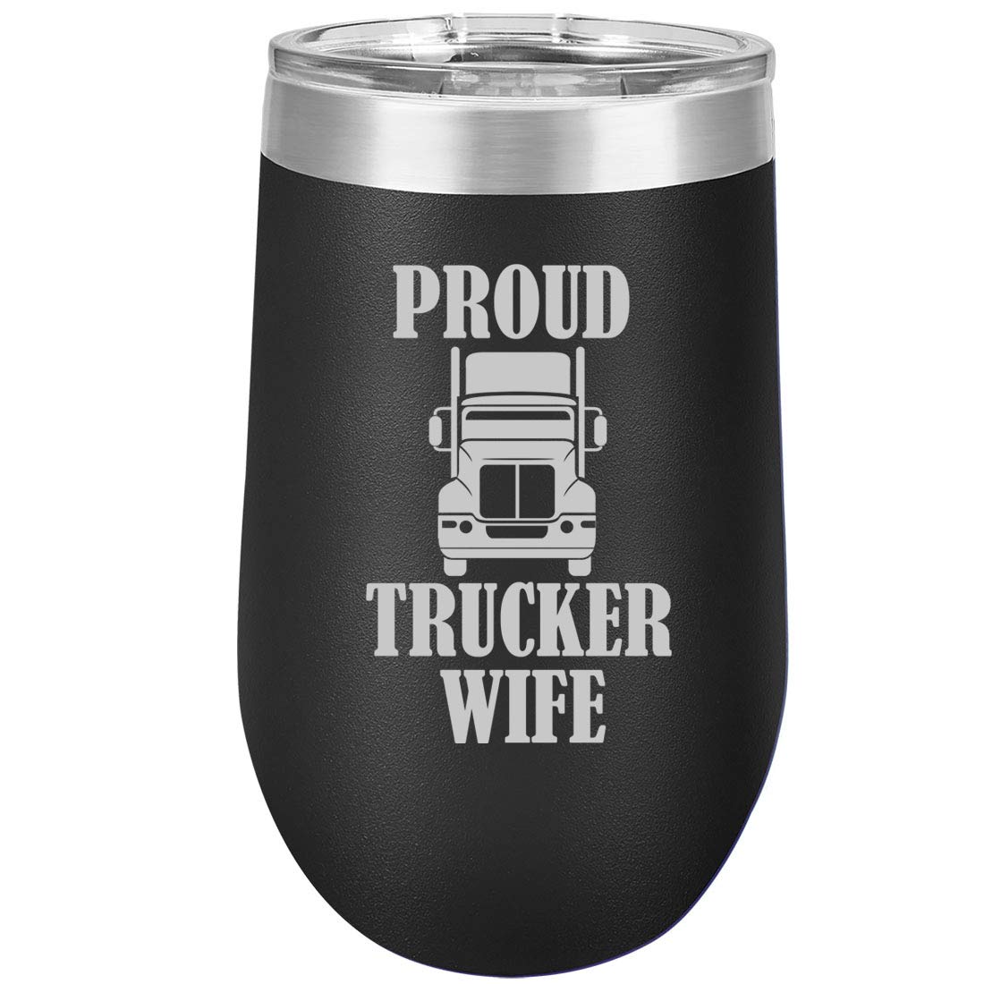 16 oz Double Wall Vacuum Insulated Stainless Steel Wine Tumbler - Stemless Coffee Travel Mug with Lid & Non-Slip Base - Perfect for Hot/Cold Drinks at Home, Office or Road Trips - Proud Trucker Wife Design (Black)