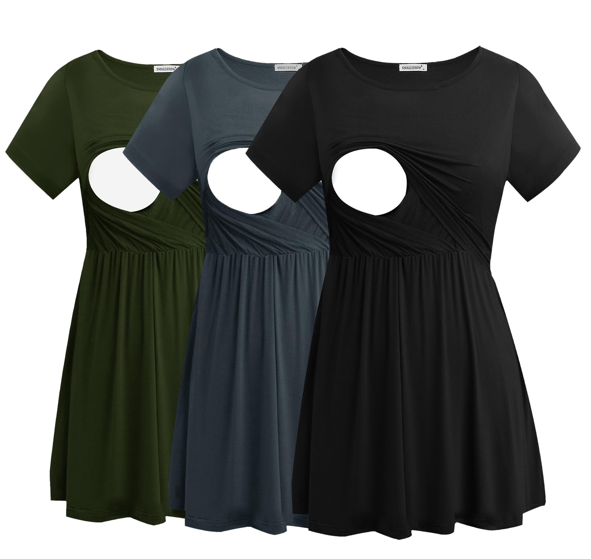 Smallshow Women's Maternity Nursing Tops 3 Pack - Soft Short Sleeve Breastfeeding Shirts for Nursing Mothers | Comfortable & Stylish for Pregnancy, Postpartum & Everyday Wear
