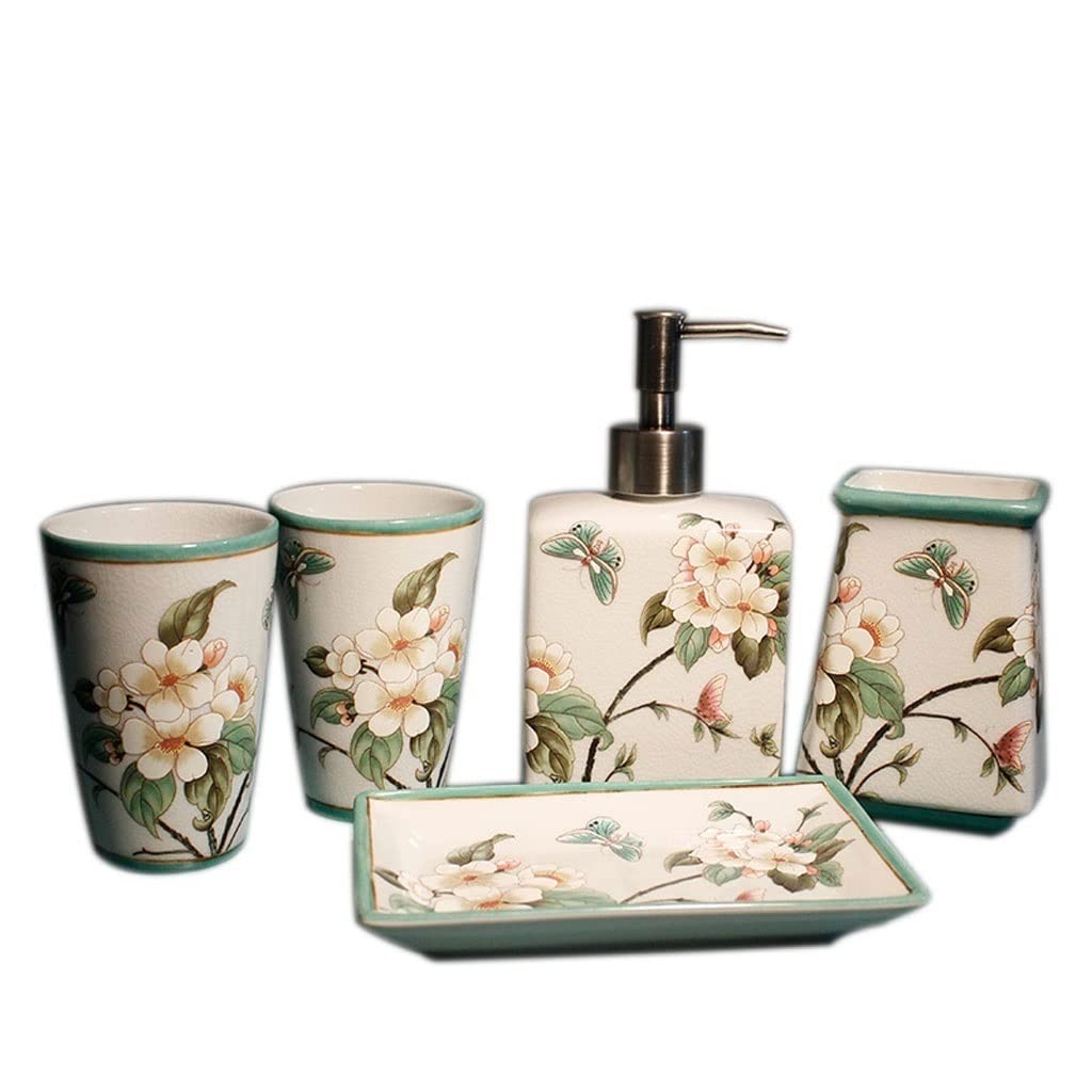 Premium Ceramic Soap Dispenser Set - 5-Piece Bathroom & Kitchen Toiletry Organizer with Soap Dispenser, Toothbrush Holder, Mouthwash Cup & Soap Dish - Ideal for Hand Sanitizer, Shampoo & Liquid Soap - Perfect for Home, Hotel & Spa Decor