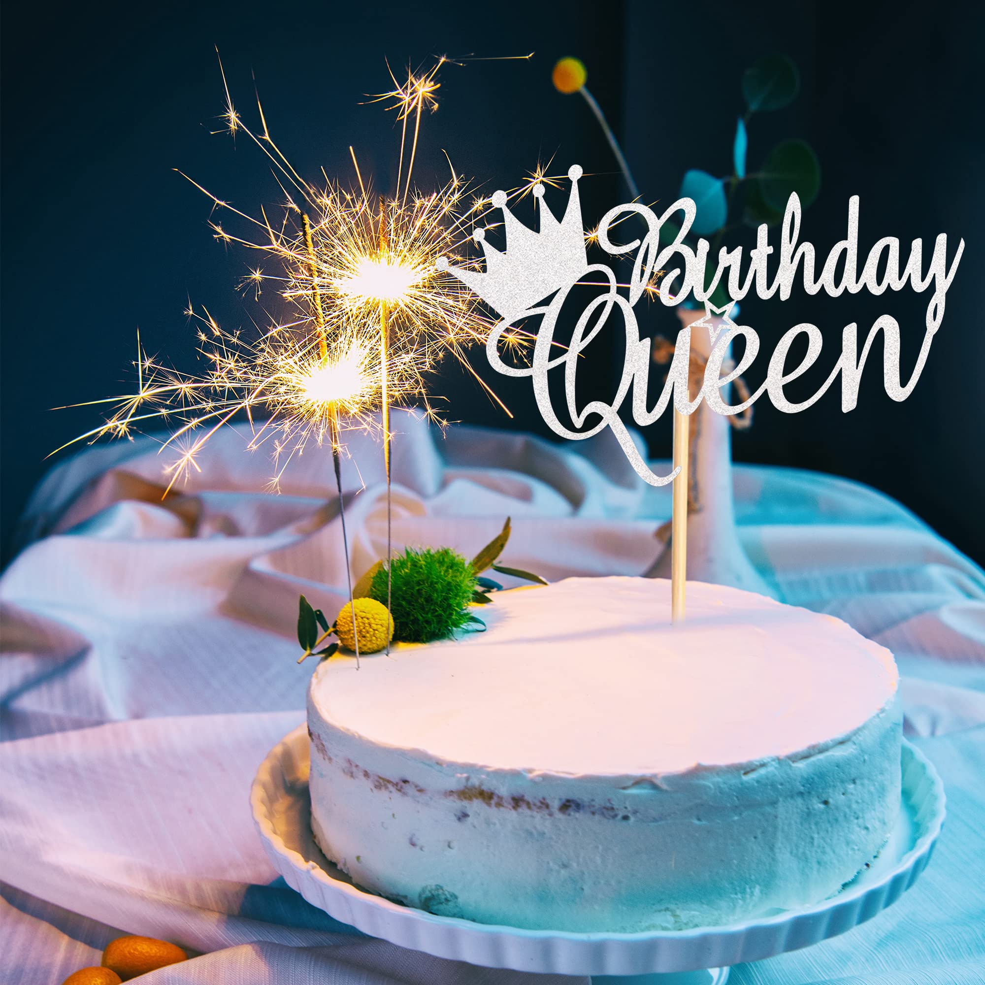 Queen Birthday Cake Topper - Happy Birthday Cake Bunting Decorations for Women, Ladies & Girls - Silver Glitter Cake Picks - Perfect for Birthday Parties, Baby Showers & Wedding Celebrations