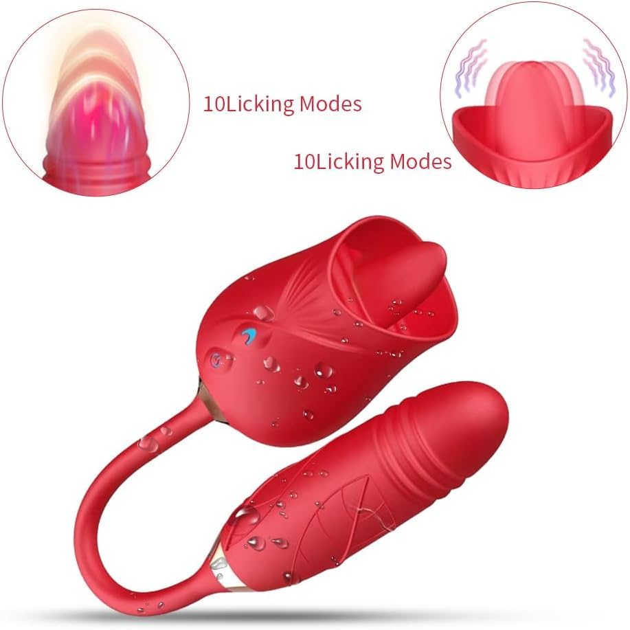 3 in 1 Rose Toy for Adults - Tongue Licking, Thrusting & Vibrating Pleasure Device with Easy Operation, Red (YO3+6) - Perfect for Couples Play, Solo Use & Sensual Massage