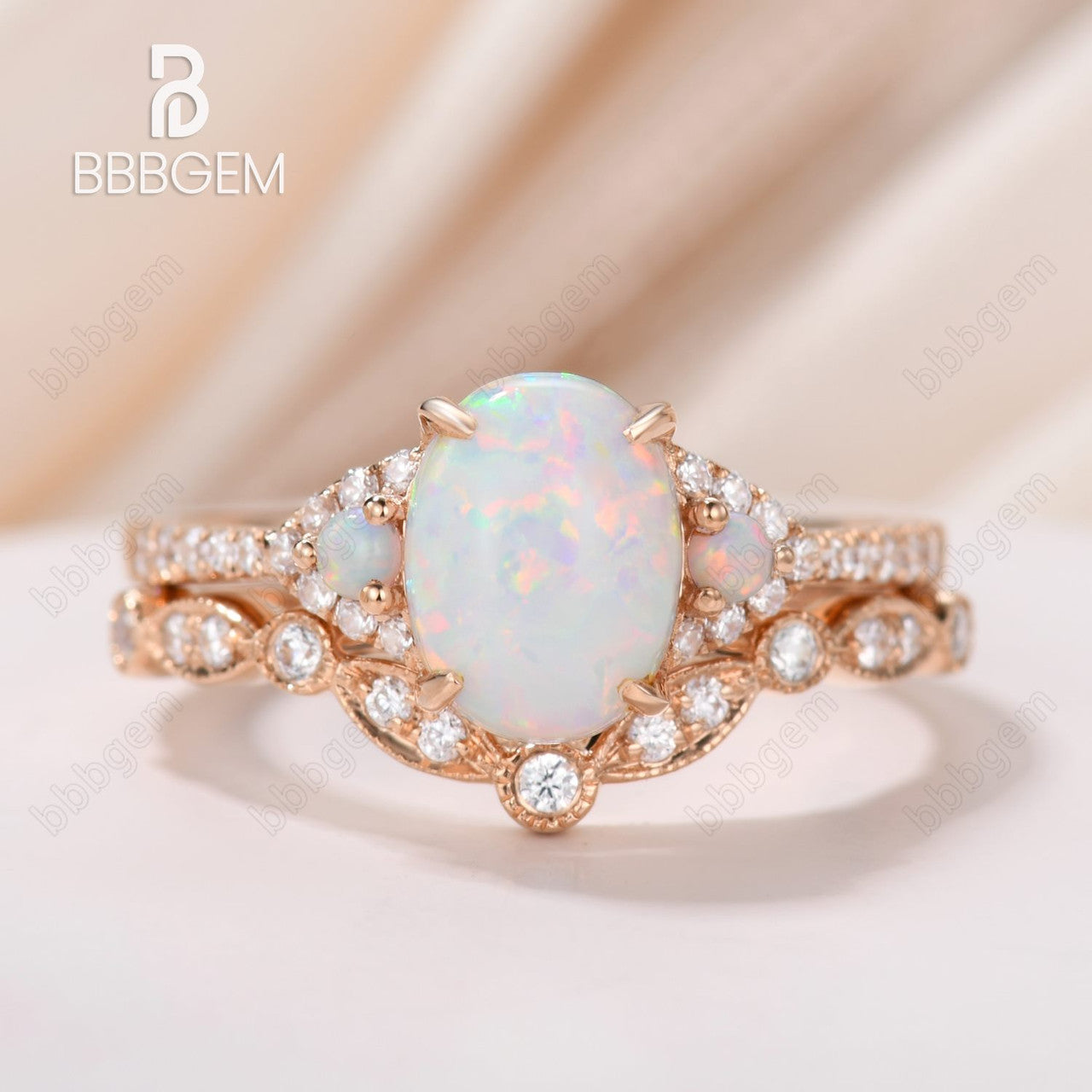 Three Stone Oval Opal Wedding Engagement Ring Set in Rose Gold with Diamond Matching Band - Perfect for Proposals, Anniversaries & Bridal Jewelry