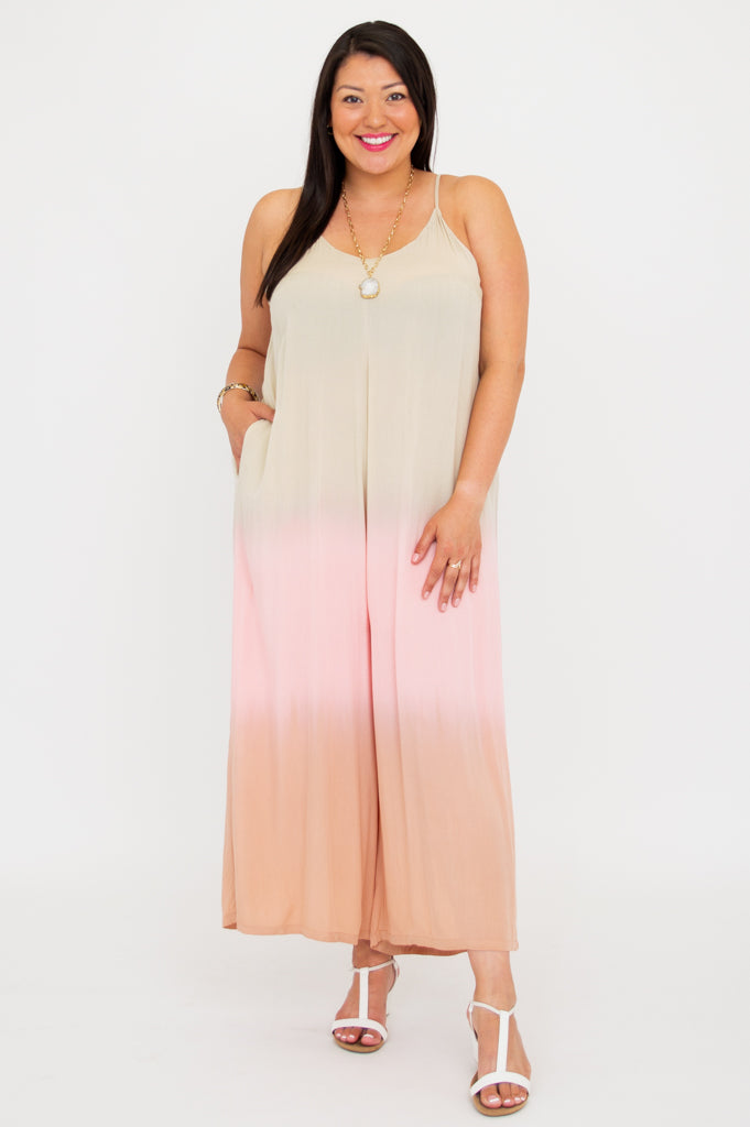 Ender Jumpsuit - Tan Dip Dye Women's Romper | Stylish Casual Outfit for Summer, Beach, and Outdoor Activities