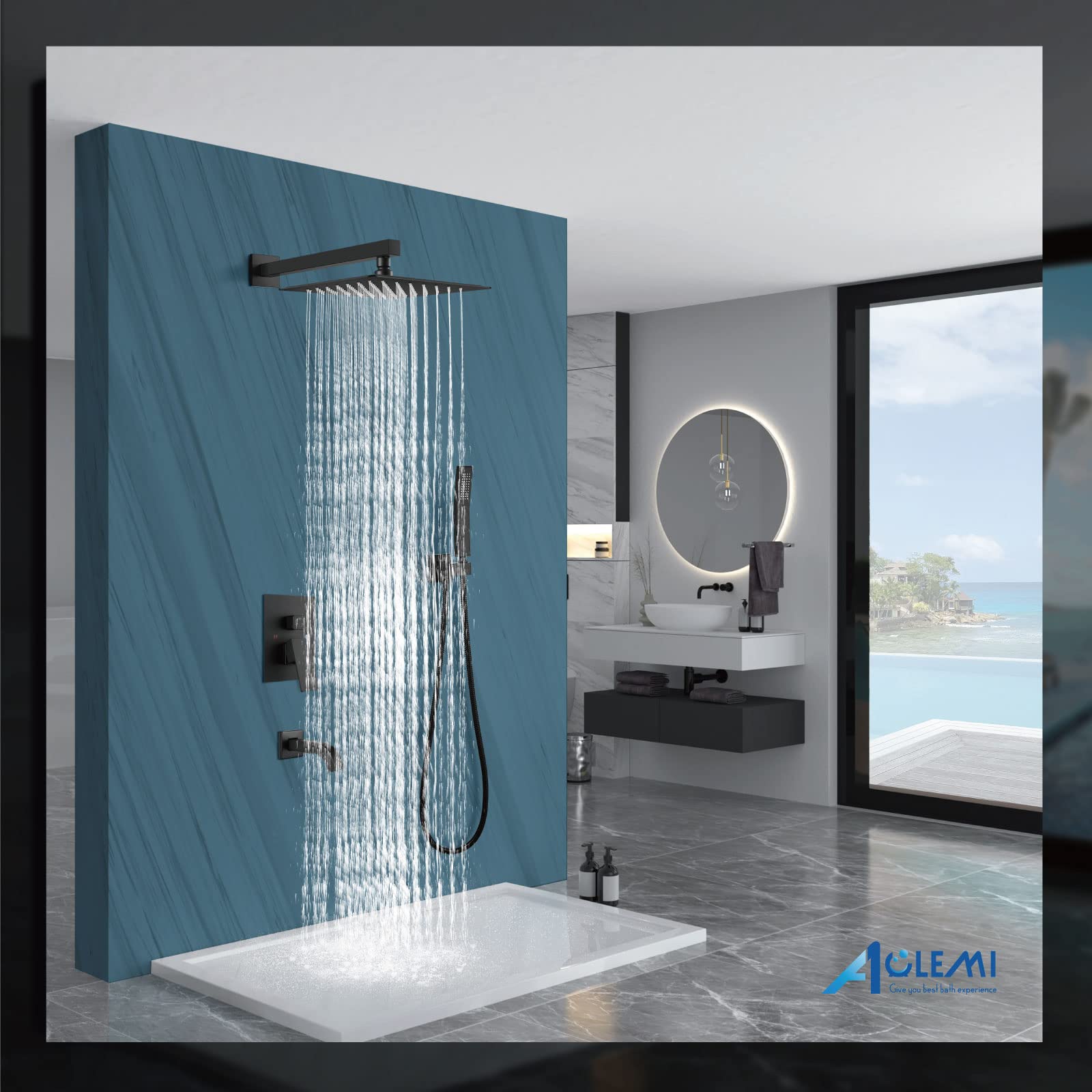 Luxury Aolemi Rainfall Shower System Combo Set - 10 Inch Matte Black Shower Head, Handheld Shower, Tub Filler & Rough-in Valve - Wall Mount Bathroom Mixer Faucet for Spa-Like Experience | Perfect for Master Bathrooms & Modern Home Renovations