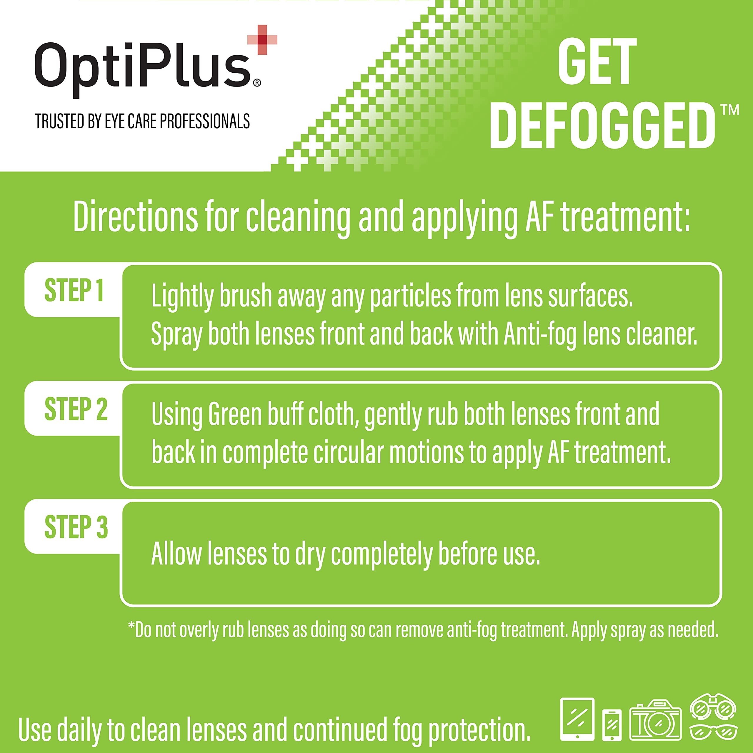 OptiPlus Anti-Fog Lens Cleaning Spray Kit - 2oz Cleaning Solution & Microfiber Cloth for Glasses, Laptops, Phones, Cameras, Goggles & Watches | Defogging & Streak-Free Cleaning | Perfect for Office, Travel, Sports & Outdoor Activities