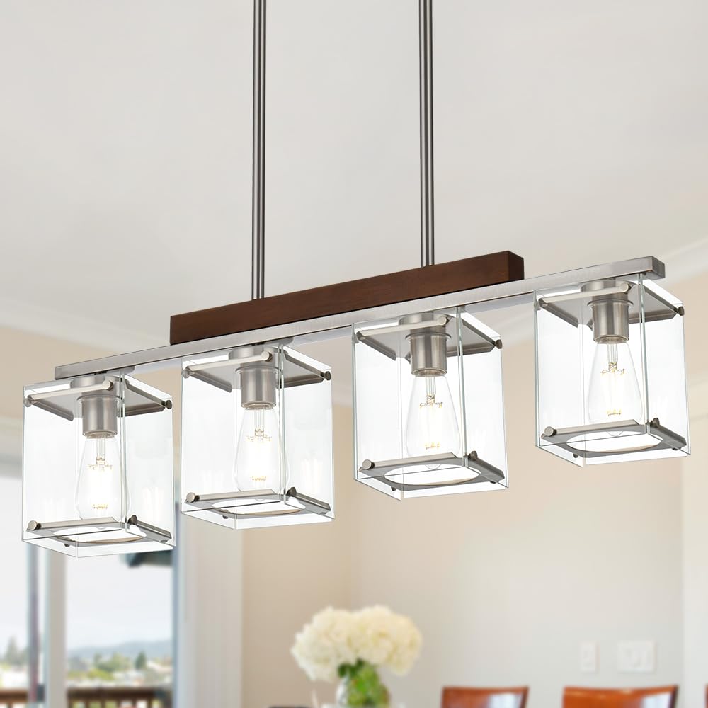 4-Lights Wood Frame Linear Pendant Light Fixture with Clear Glass - Modern Brushed Nickel Kitchen Island Lighting for Dining Room, Breakfast Bar & Restaurant Decor