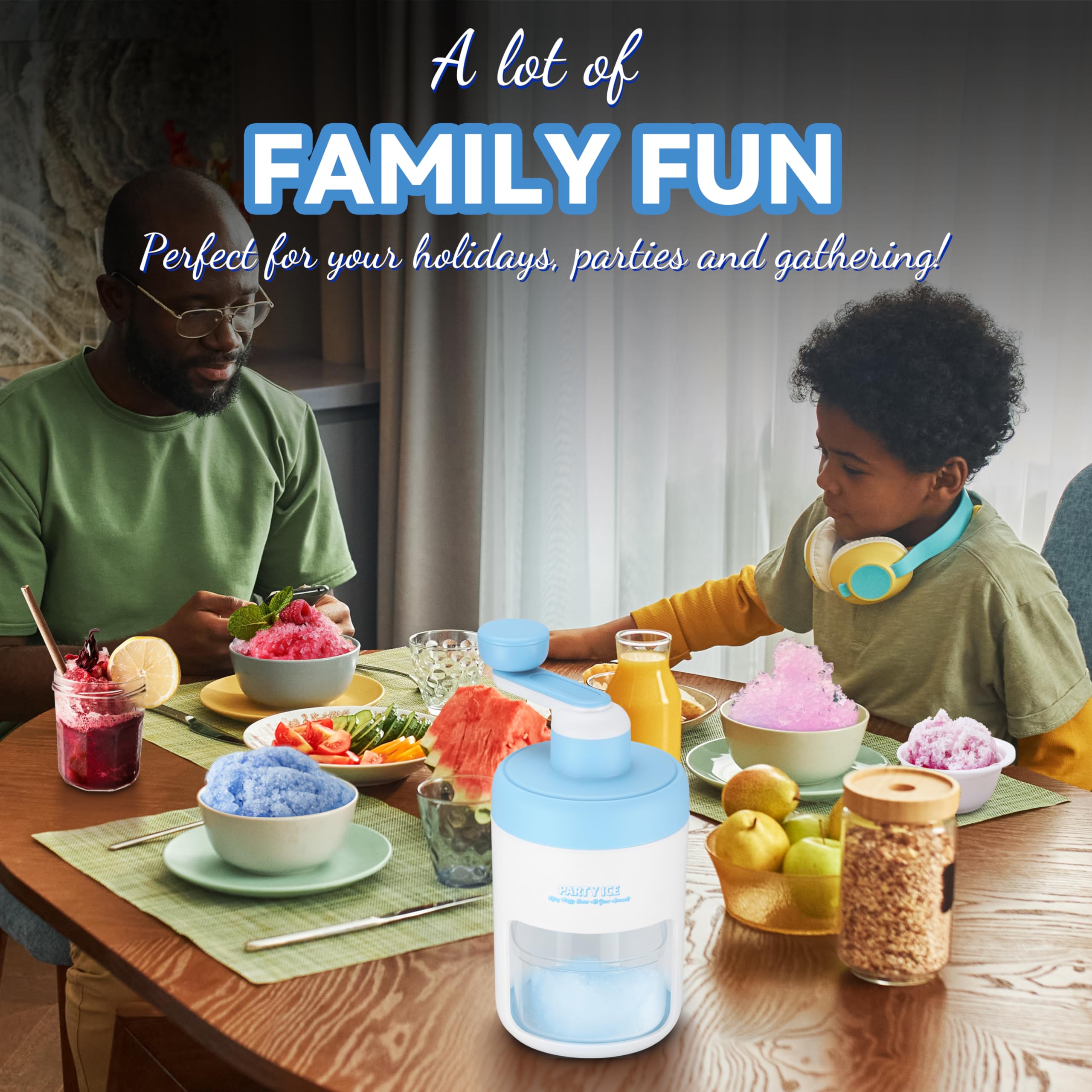 Manual Ice Shaver Machine - Portable Snow Cone Maker & Ice Crusher with 10 Cups, 10 Spoons, Straws & Recipe Book (Blue) - Perfect for Home Parties, Summer Treats & DIY Frozen Desserts