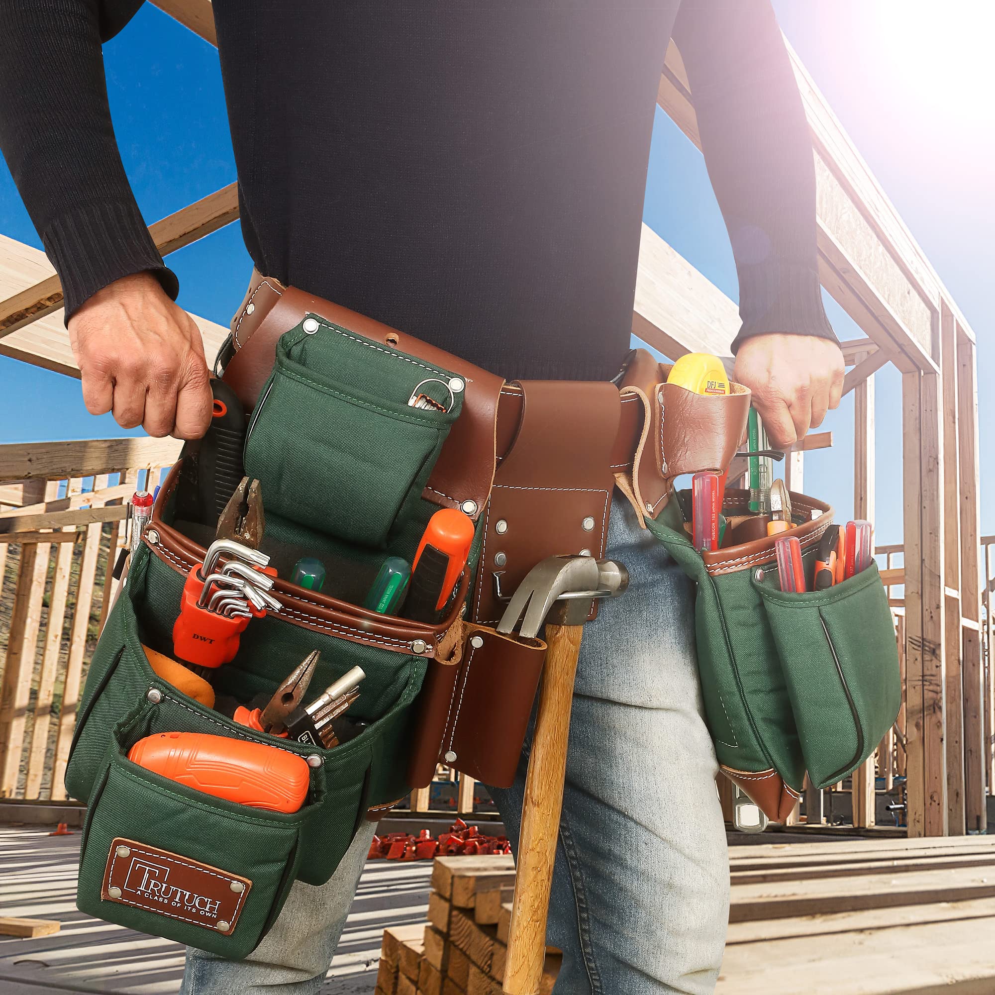 Durable Nylon & Leather Tool Belt for Carpenters, Electricians & Construction Workers - Heavy Duty Framing Tool Bag with Pouch - Perfect for Job Sites & DIY Projects (Green)