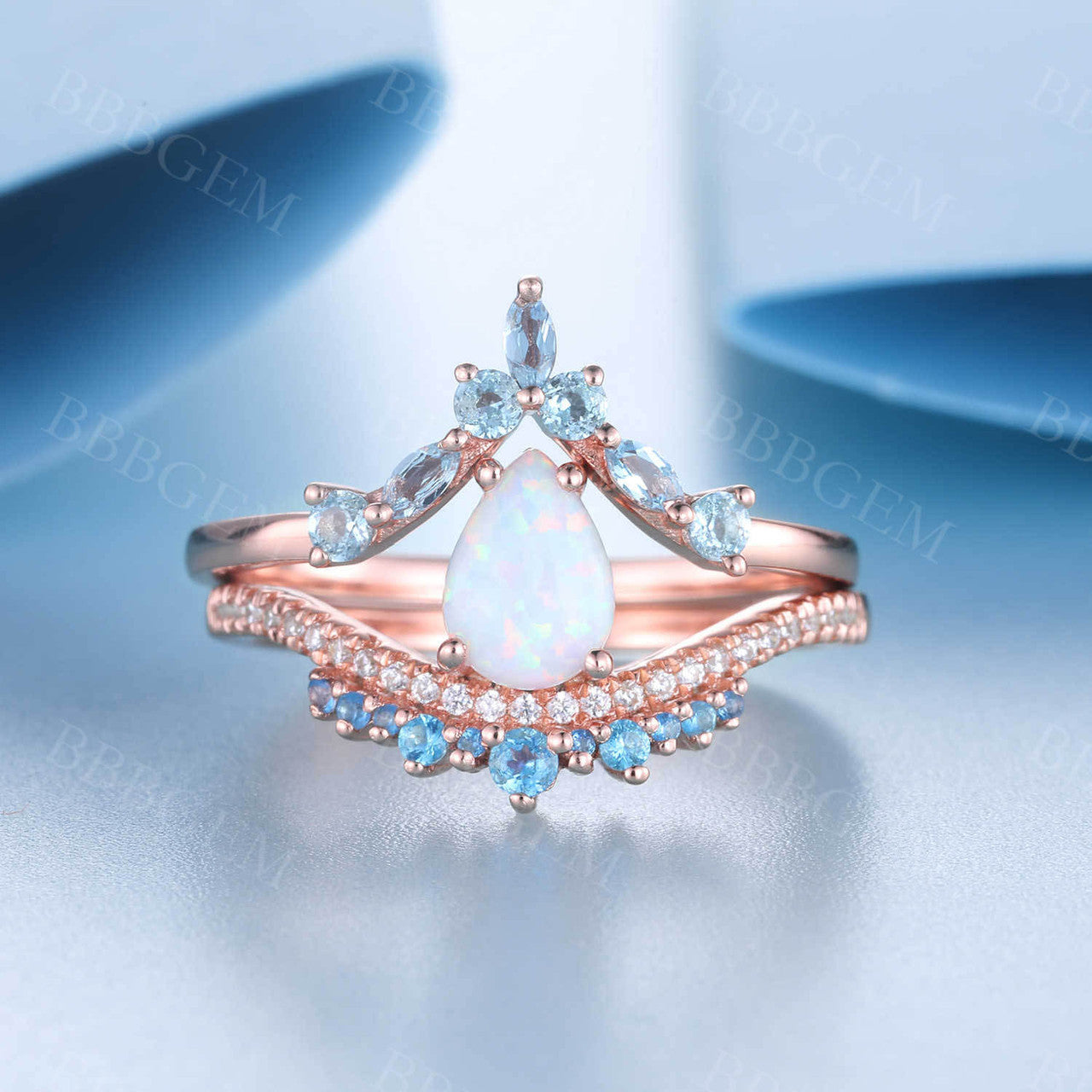 Vintage Opal Engagement Ring Set in Rose Gold with Blue Topaz Stacking Band - Unique Curved Wedding Bridal Jewelry Set for Proposal, Anniversary & Special Occasions