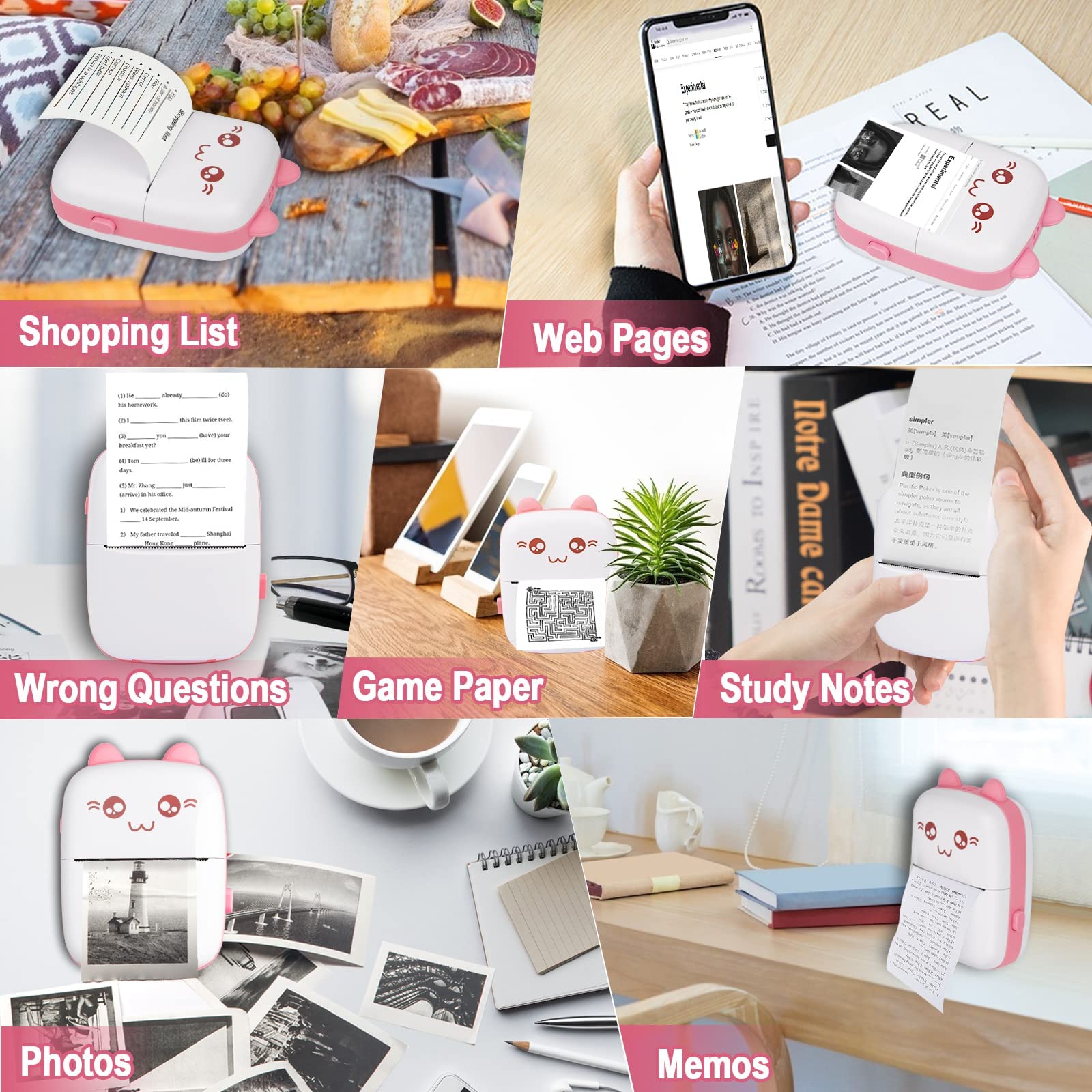Eschen Pocket Mini Printer - Portable Wireless Thermal Printer for iOS & Android, 6 Rolls Inkless Printing Paper Included - Print Labels, Receipts, Stickers, Photos, Lists & Notes - Perfect for Home, Office, Travel & Gift Giving (Pink)