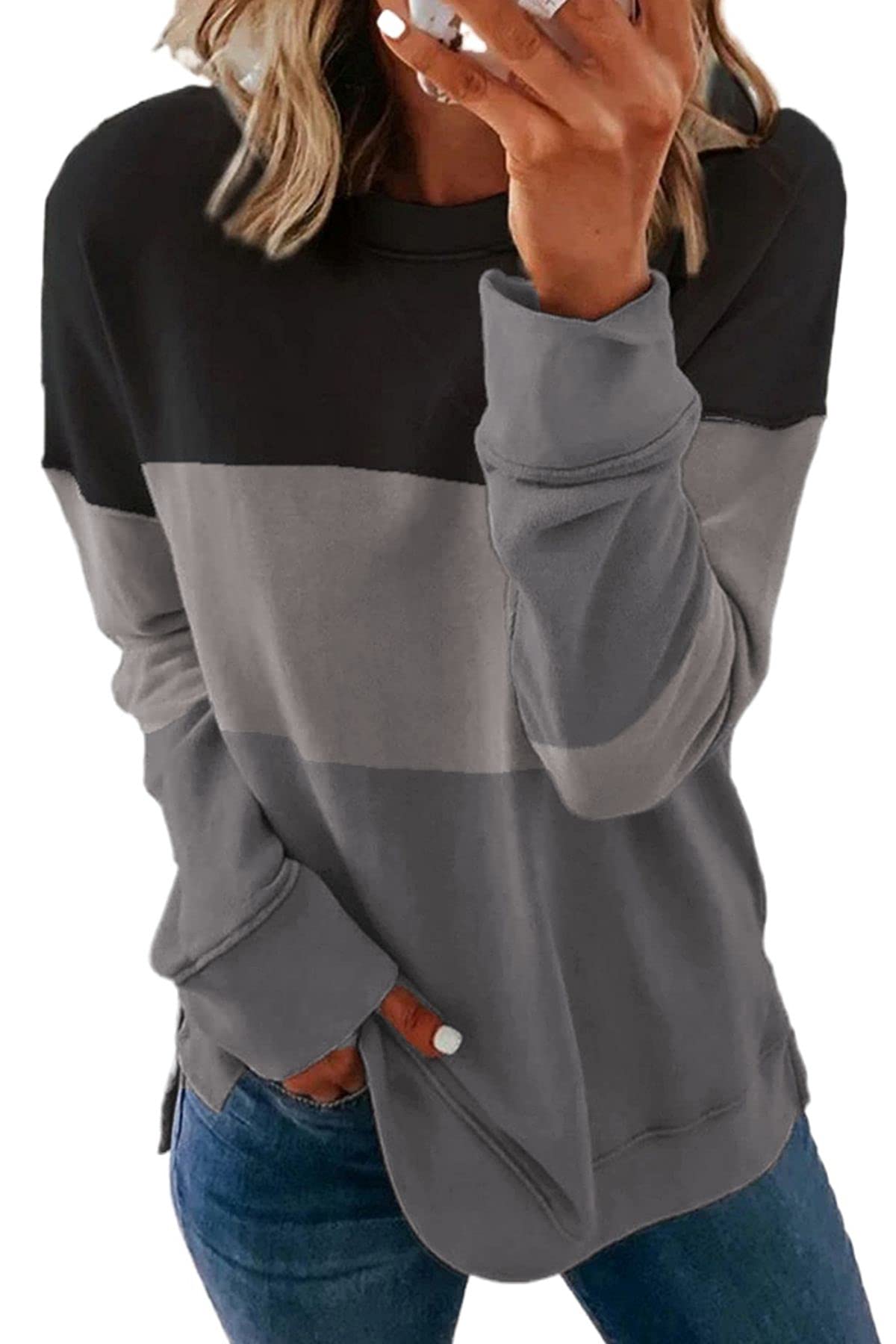 SMENG Women's Casual Striped Crewneck Sweatshirt - Long Sleeve Pullover Top with Side Split Design | Perfect for Fall Layering, Weekend Outfits & Cozy Loungewear