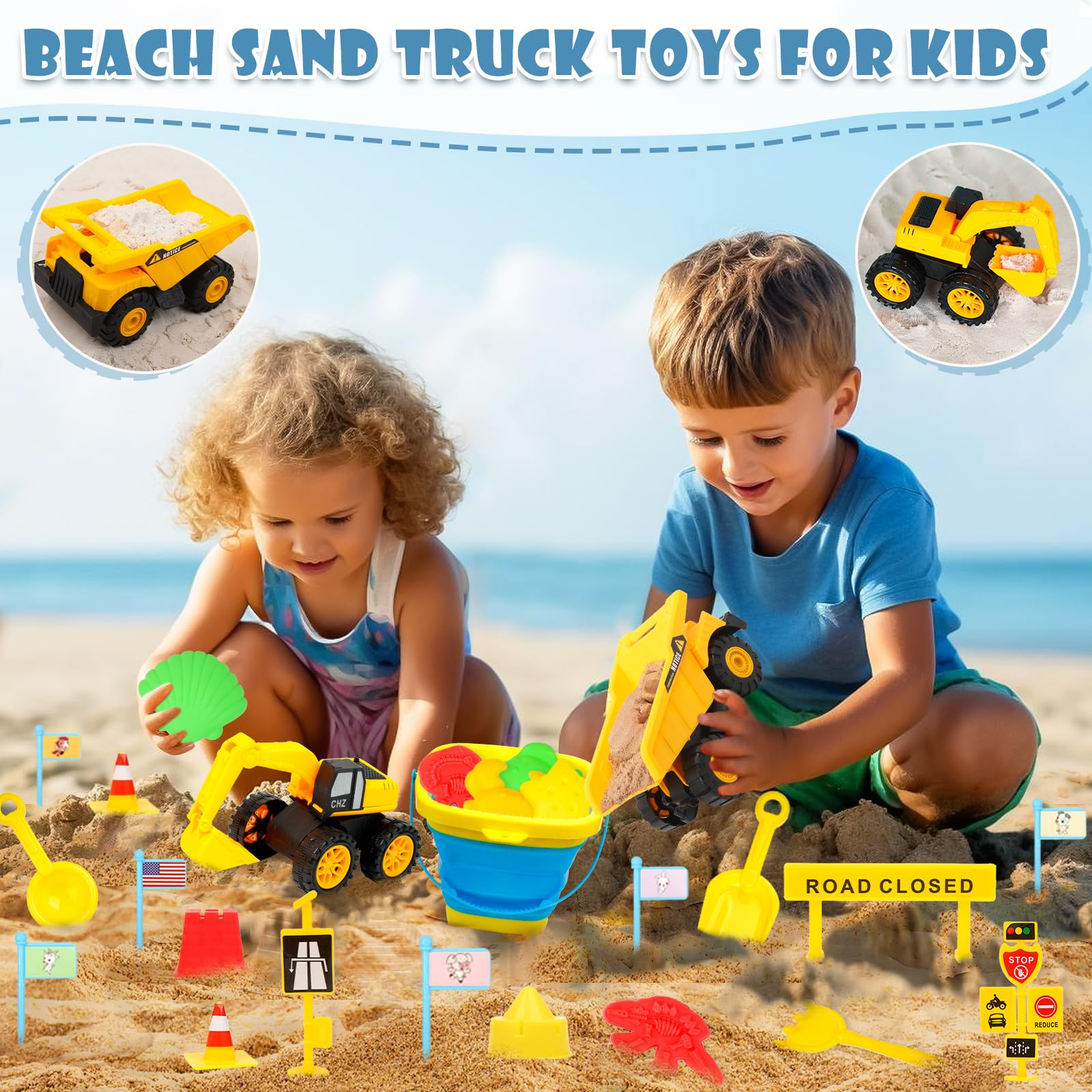 45 Pcs Beach Sand Toys Set with Sand Castle Kit, Dinosaur & Animal Molds, Mini Traffic Signs, Flag Trucks & Mesh Bag - Fun Outdoor Travel Toys for Kids & Toddlers - Perfect for Beach, Sandbox & Backyard Play