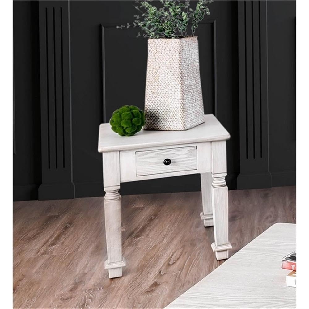 BOWERY HILL Farmhouse Wood 1-Drawer End Table in Antique White - Rustic Nightstand for Bedroom, Living Room & Office - Side Table with Storage for Home Decor