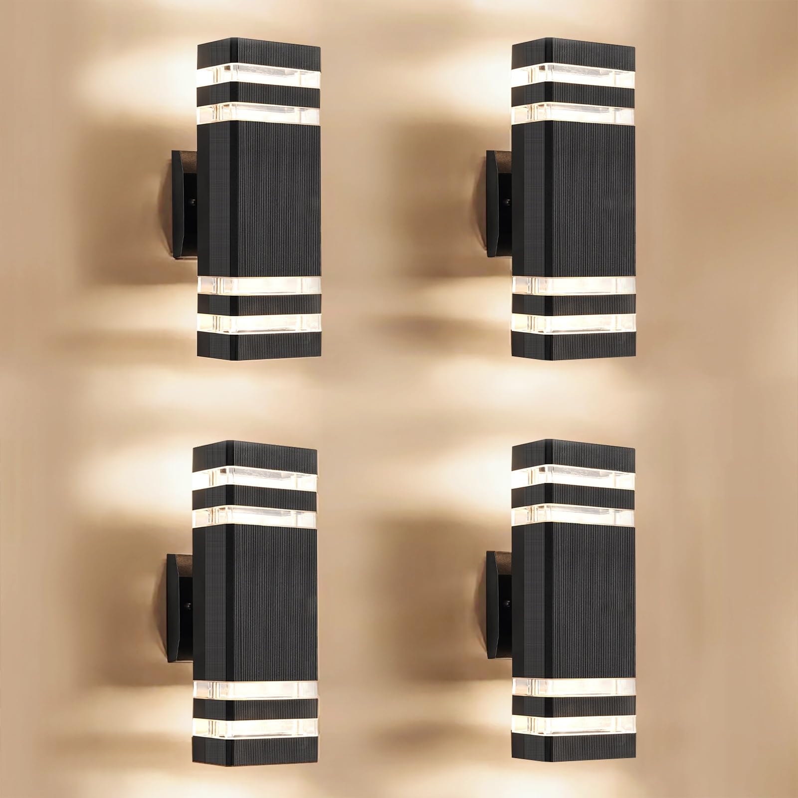 4-Pack Black LED Outdoor Wall Lights - Modern Waterproof Aluminum Exterior Light Fixtures for House, Garage, Garden & Porch - Perfect for Pathway, Patio, and Entryway Lighting