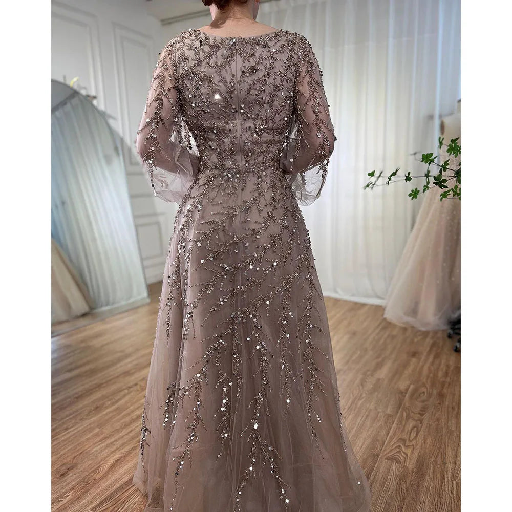 Luxury Muslim Caramel A-Line Beaded Dubai Evening Gown for Women - Elegant Long Dress for Weddings, Parties & Special Occasions - Serene Hill LA71653A - Perfect for Formal Events, Galas & Evening Celebrations