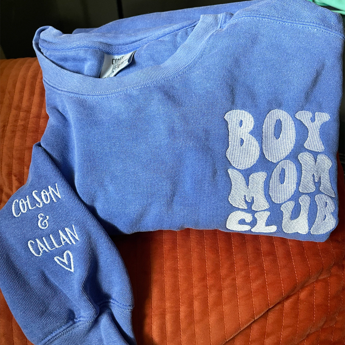 Custom Embroidered Boy Mom Club Sweatshirt & T-Shirt with Kids Names on Sleeve - Perfect for Family Matching Outfits, Mother's Day Gifts & Proud Mom Apparel