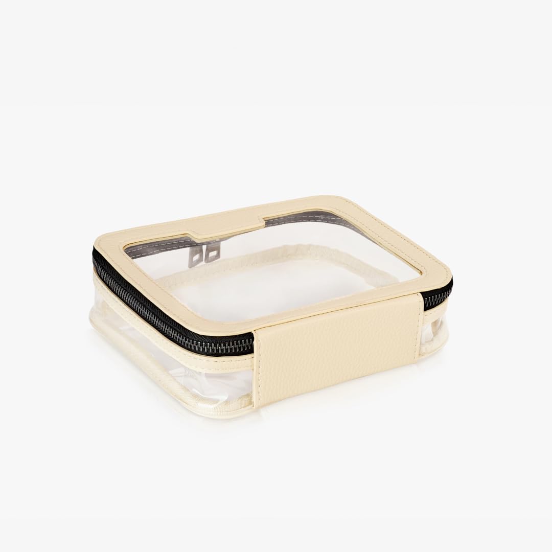 Vegan Leather Cream Toiletry Bag - Waterproof Clear PVC Zippered Cosmetic Makeup Wash Bag Organizer for Travel, Bathroom, Gym, and Daily Use - Perfect for Men and Women