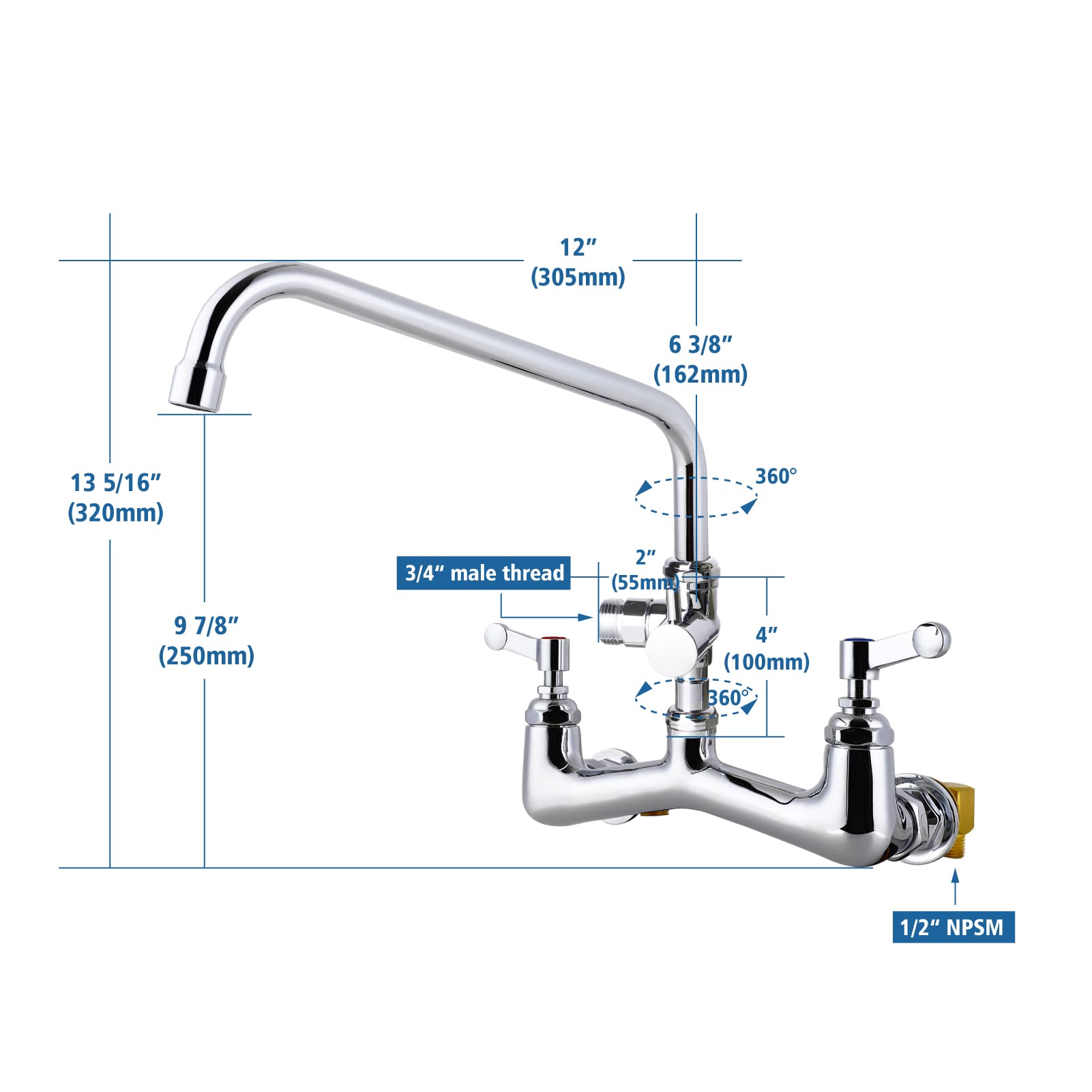Commercial Sink Faucet Wall Mount 8 Inch Adjustable Center with 3/4'' Garden Hose End - Heavy Duty Stainless Steel Restaurant Kitchen Faucet with 12