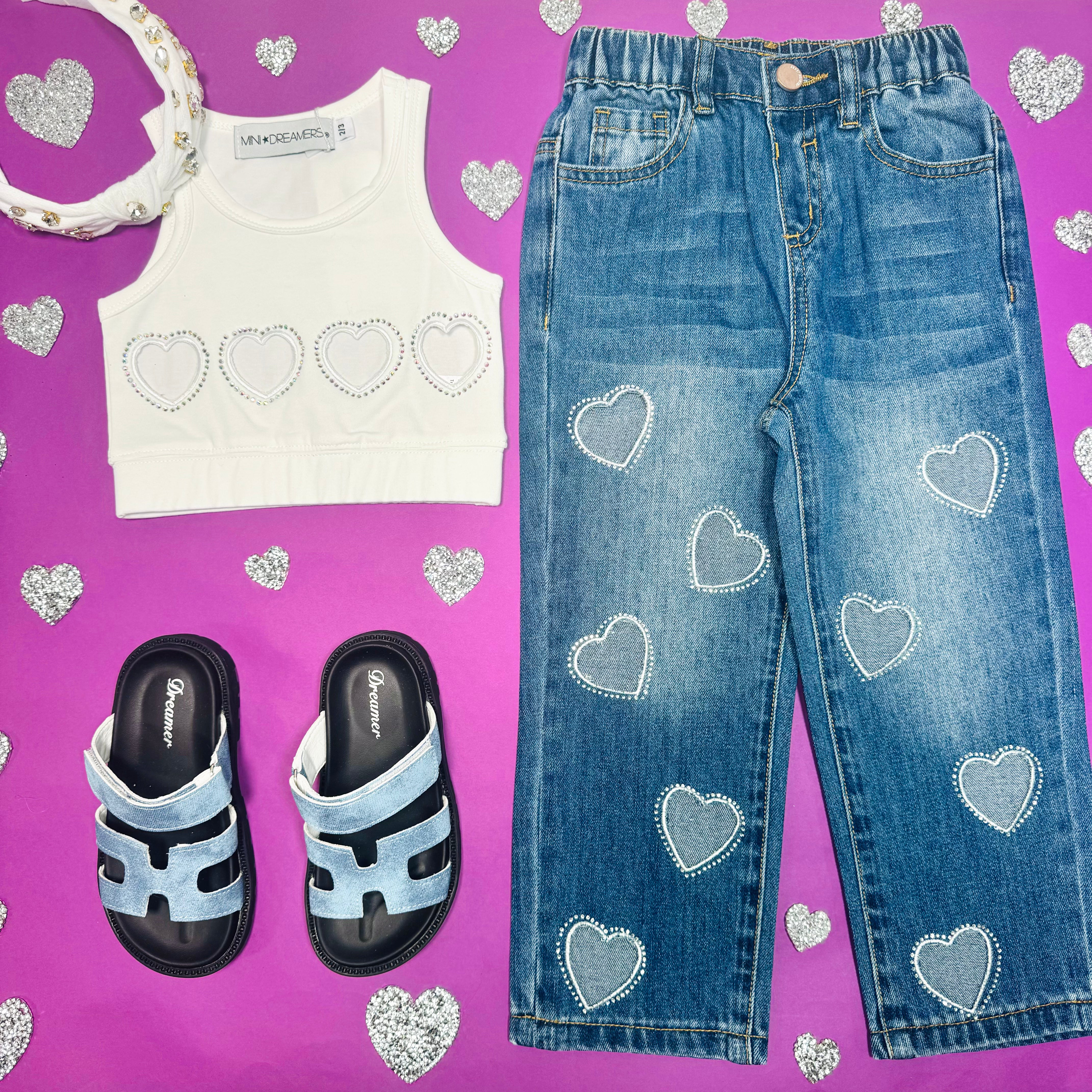 Amelia Crystal Hearts Denim Pants for Women - Stylish Embellished Jeans with Rhinestone Decorations - Perfect for Casual Outings, Parties & Date Nights