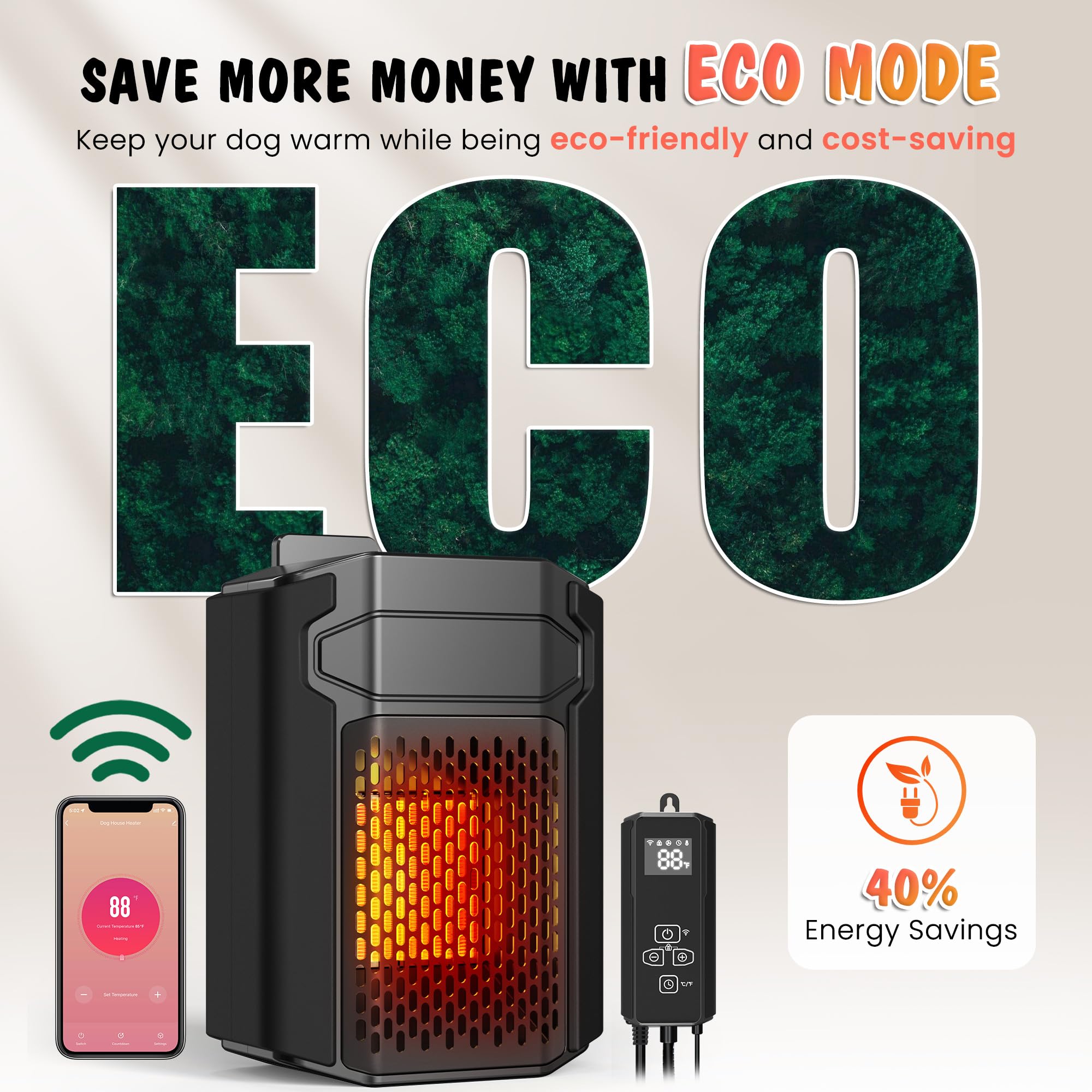 500W WiFi Dog House Heater with Thermostat & APP Control - Outdoor Pet Heater with 6.5FT Temperature Probe, Adjustable Temperature & Timer - Perfect for Winter Kennels, Garages, and Outdoor Dog Houses